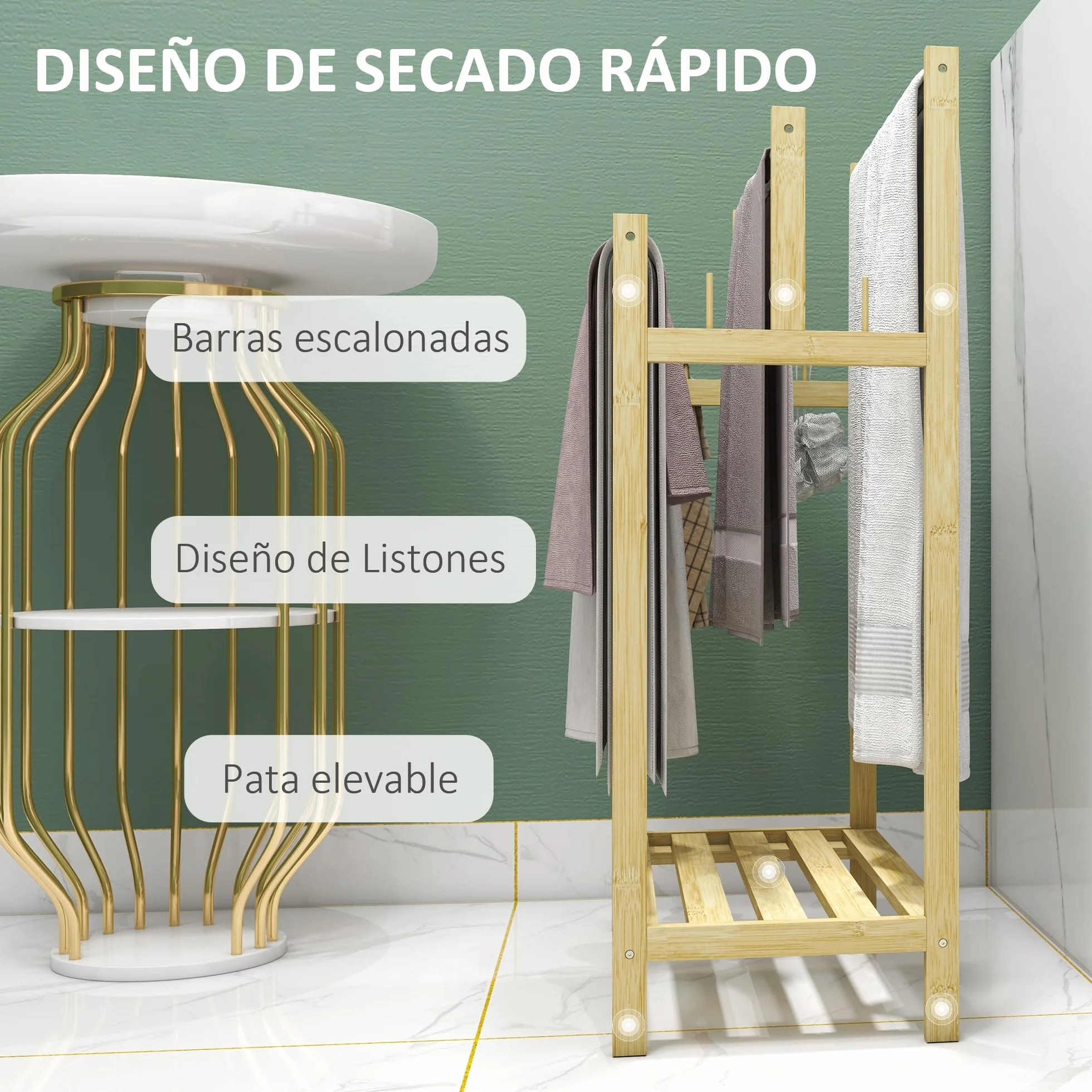 HOMCOM Toallero de Pie de Bambú, Escalera Baño 3 Barras Acero Inoxidable, 50.5x31x90 cm