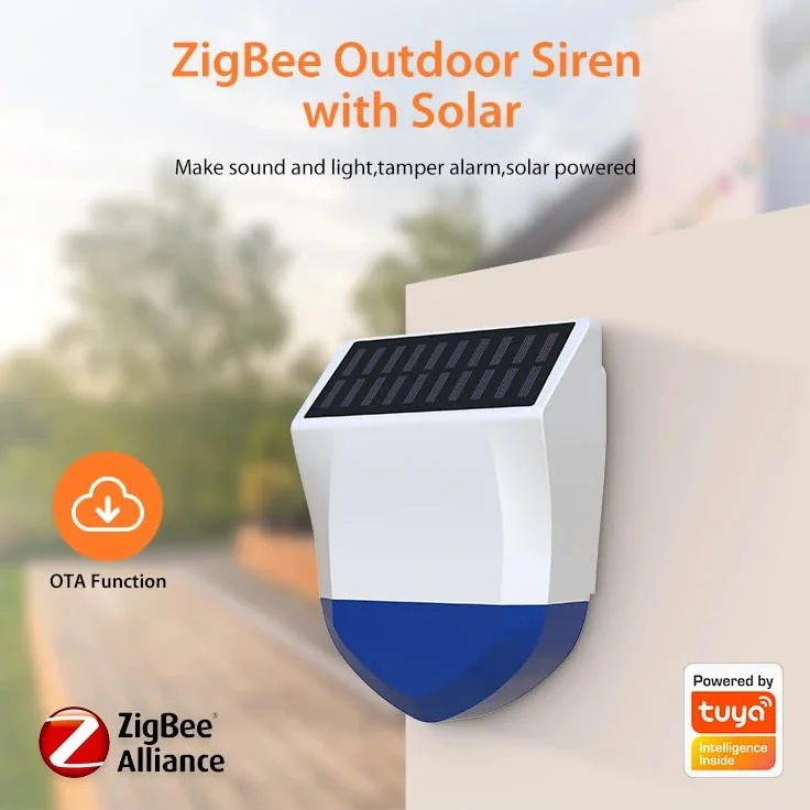 Haozee Alarma solar para exteriores, funciona con energía solar y carga por USB, requiere Tuya Zigbee Hub, compatible con asistente de hogar Zigbee2mqtt, IPX5 resistente al agua