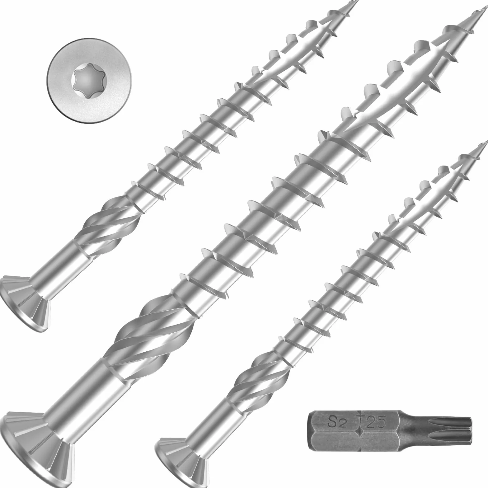 TCO Tornillos para terraza de acero inoxidable A2, 5,0 x 60 mm, 500 unidades, incluye S2 Bit, TX 25, cabeza avellanada, diente de sierra, punta de corte, tornillos para terrazas para exteriores