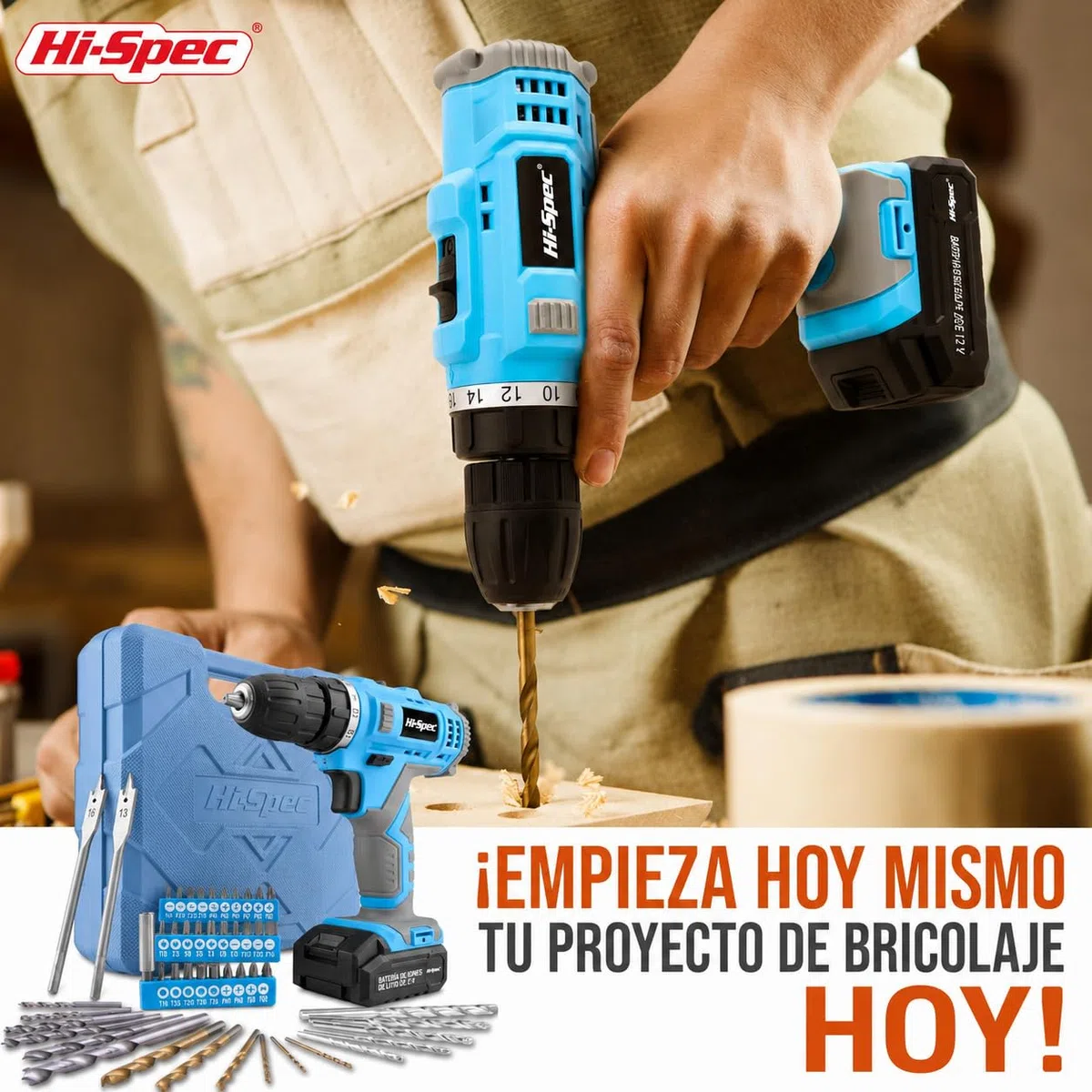 Hi-Spec Taladro Atornillador Destornillador Inalámbrico Azul de 12V Batería de 1300mAh hasta 20Nm, Velocidad Variable y Luz Led. con Maletín Estuche de 46 Puntas Brocas y Accesorios de Bricolaje.