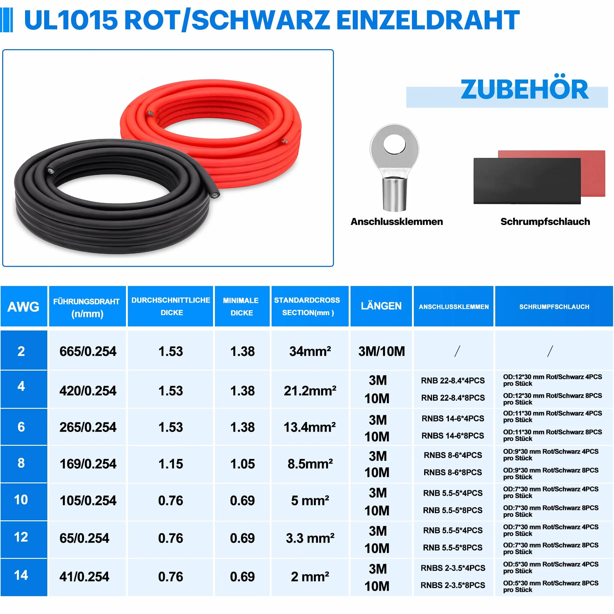 Cable eléctrico de PVC de 6 AWG 13,5mm² 6m de cobre estañado para paneles solares