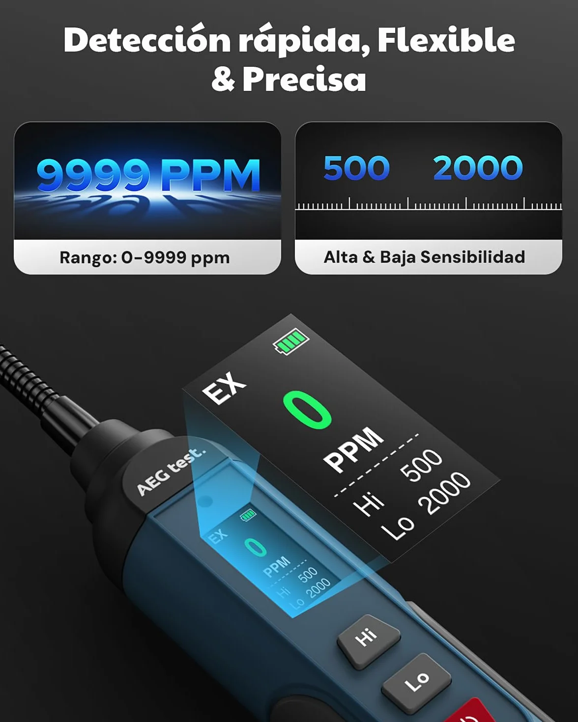 AGT-1988PRO Detector de Gas Natural Recargable, Detector de Gas con Cuello Flexible de 17,5 cm, Pantalla TFT y Rango de 0–9999 PPM para Fugas de propano y metano, para Uso en el hogar y RV