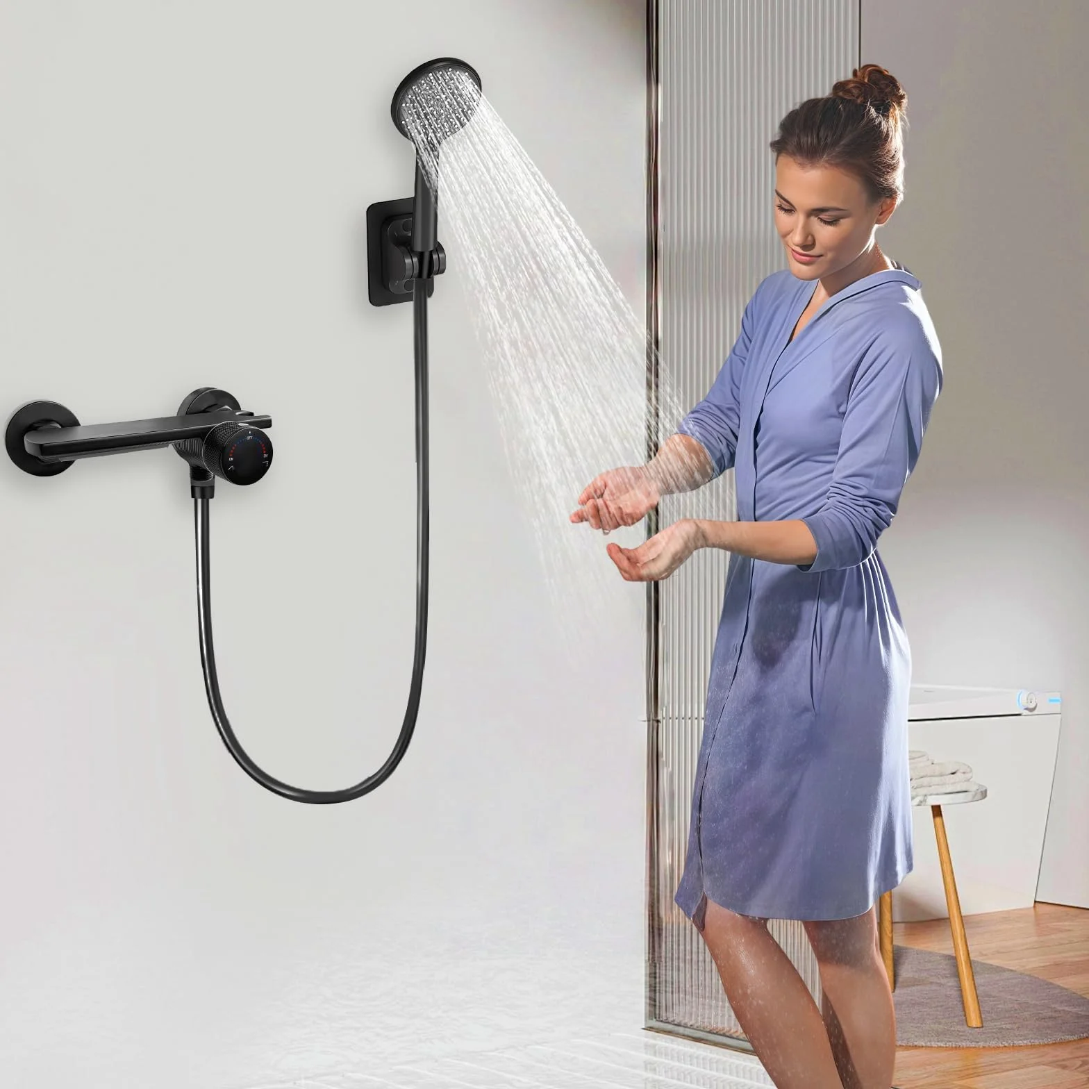Grifo para Bañera y Ducha con Alcachofa de Mano, Grifo Bañera en Cascada de Latón Monomando Mezclador Ducha Montado en La Pared con Manguera de Acero Inoxidable 1.5m y Soporte (Negro)