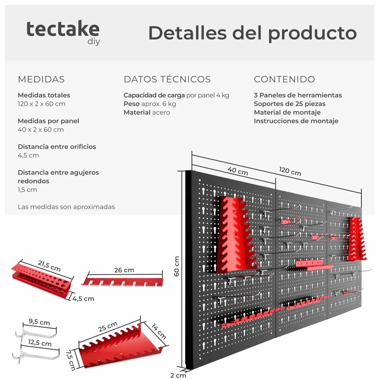 tectake® Organizador de Herramientas de Pared, Panel Perforado, Estantería de Taller con Ganchos, Banco de Herramientas, Herramientas Bricolaje, Tablero Perforado - 3 Tableros