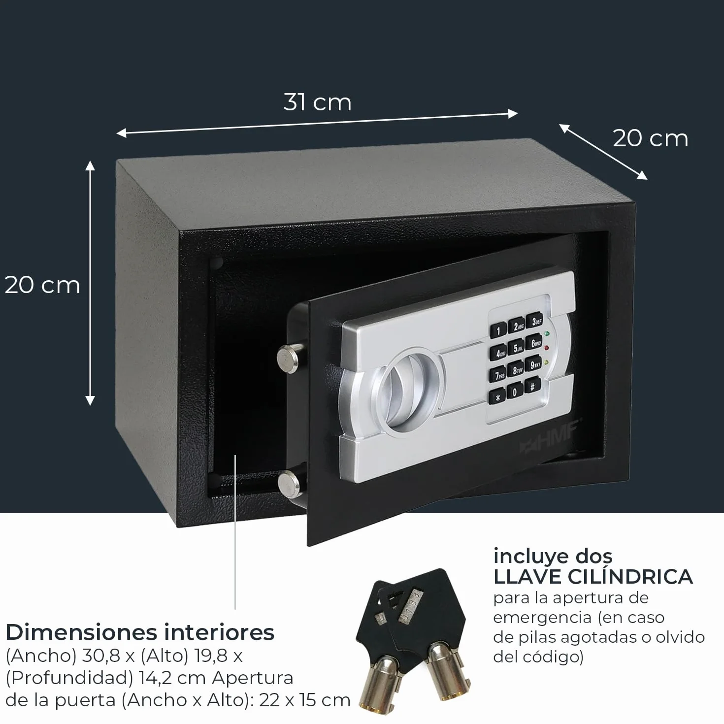 HMF Caja fuerte para hogar, hotel u oficina, cerradura de combinación, DIN A5, 31 x 20 x 20 cm, Negro