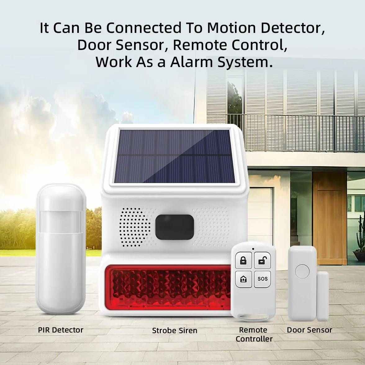 Sirena de Alarma, Sirena Solar para Exteriores con luz Intermitente LED de Sonido de 110db Compatible con Sistema de Alarma para el hogar, Granja, Granero, Villa, Patio, jardín (PE-520)