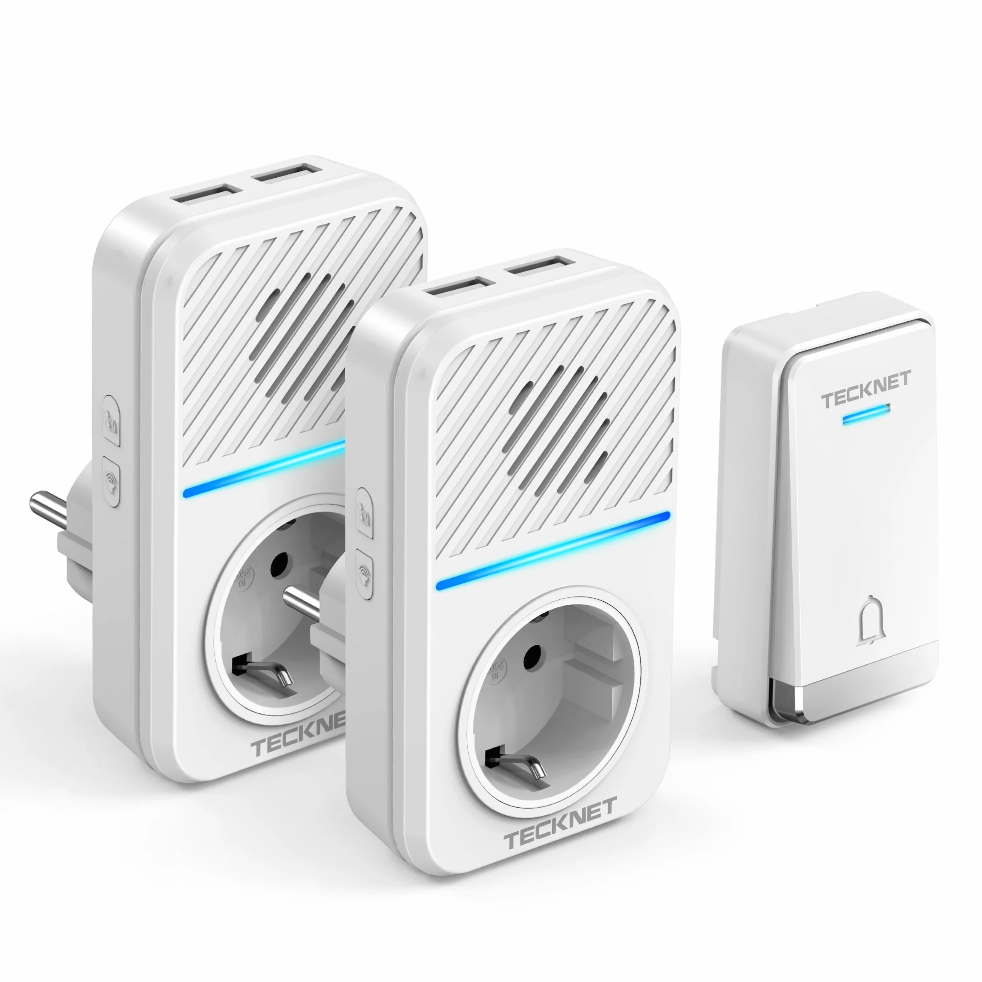 TECKNET Timbre Inalámbrico Kit, 400M Timbre Inalámbrico Autoalimentado con 2 Receptores, IP65 Kit de Timbre con Tomas USB Externas y Luz LED, 60 Melodías, 5 Niveles de Volumen