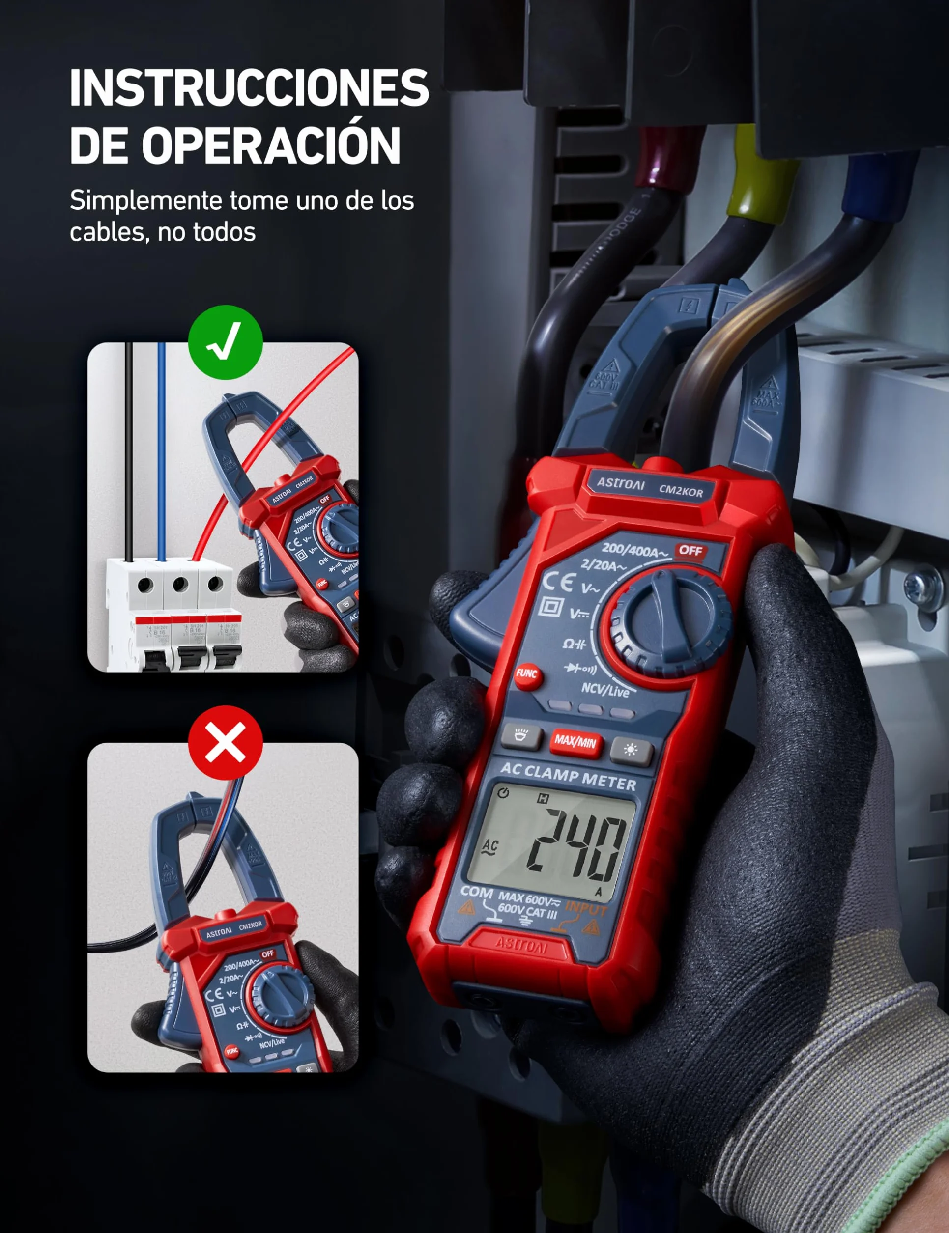 AstroAI Pinza Ampérimetrica, Multímetro Digital Profesional, Polímetro, Voltímetro, Tester para Corriente CA, Voltaje CA/CC, Resistencia, Frecuencia, Capacitancia, Continuidad, Diodos de Prueba