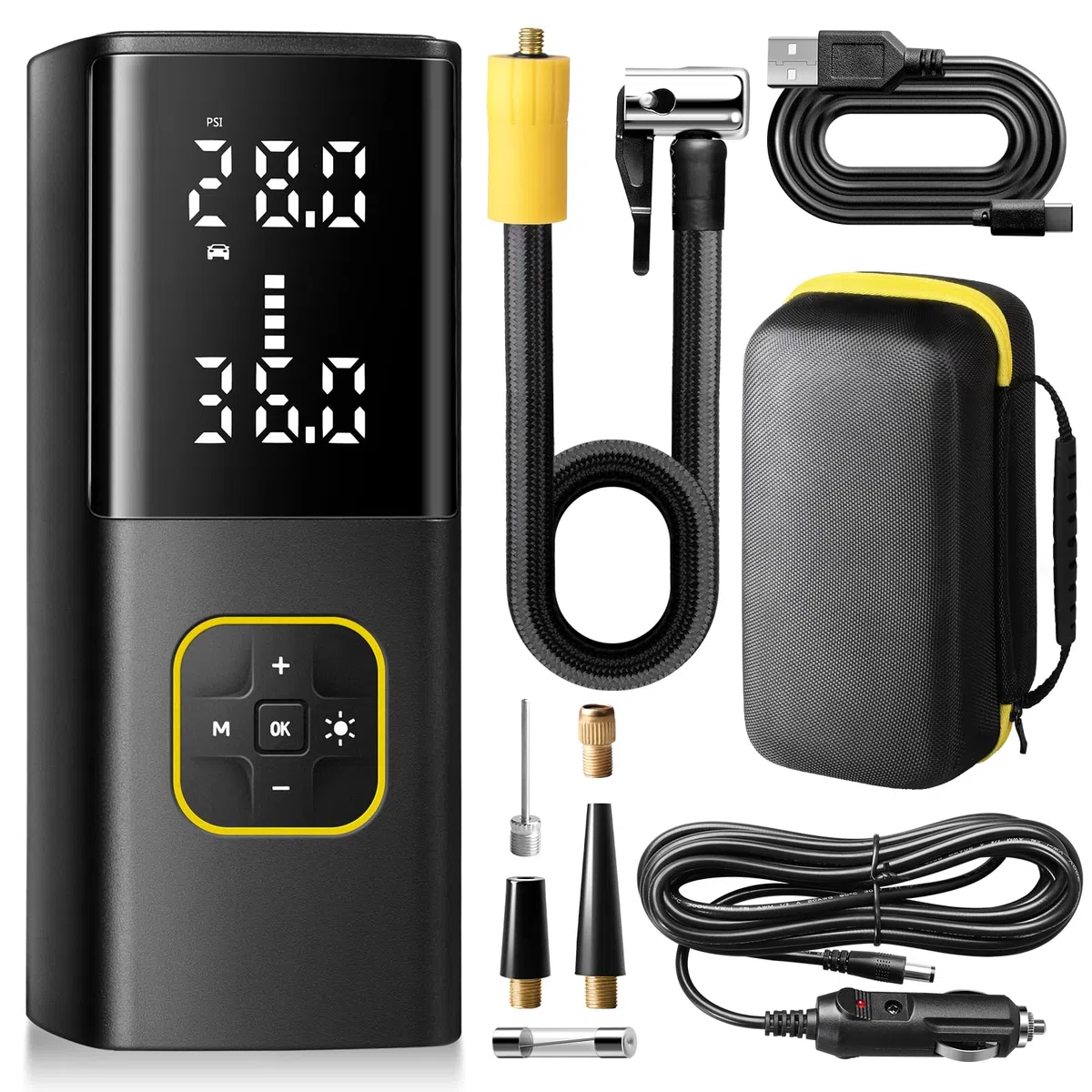 Zune Lotoo Compresor Aire Portatil 150PSI, 9000mAh Inflador Ruedas Coche Recargable con Pantalla Digital LED, Mini Bomba de Aire Electrica con Cable de 12V CC y Luz LED para Coche Moto Bicicleta Bola