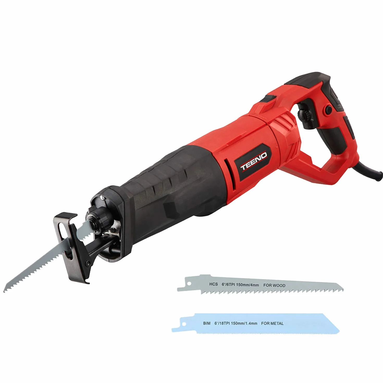 TEENO Sierra sable 850W con cable, Manija Giratoria (Izquierda y Derecha 90º), Gatillo de Velocidad Variable 0~2800RPM, 2 Hojas de 150mm(Madera 6T HCS, Metal 14T BIM),LED