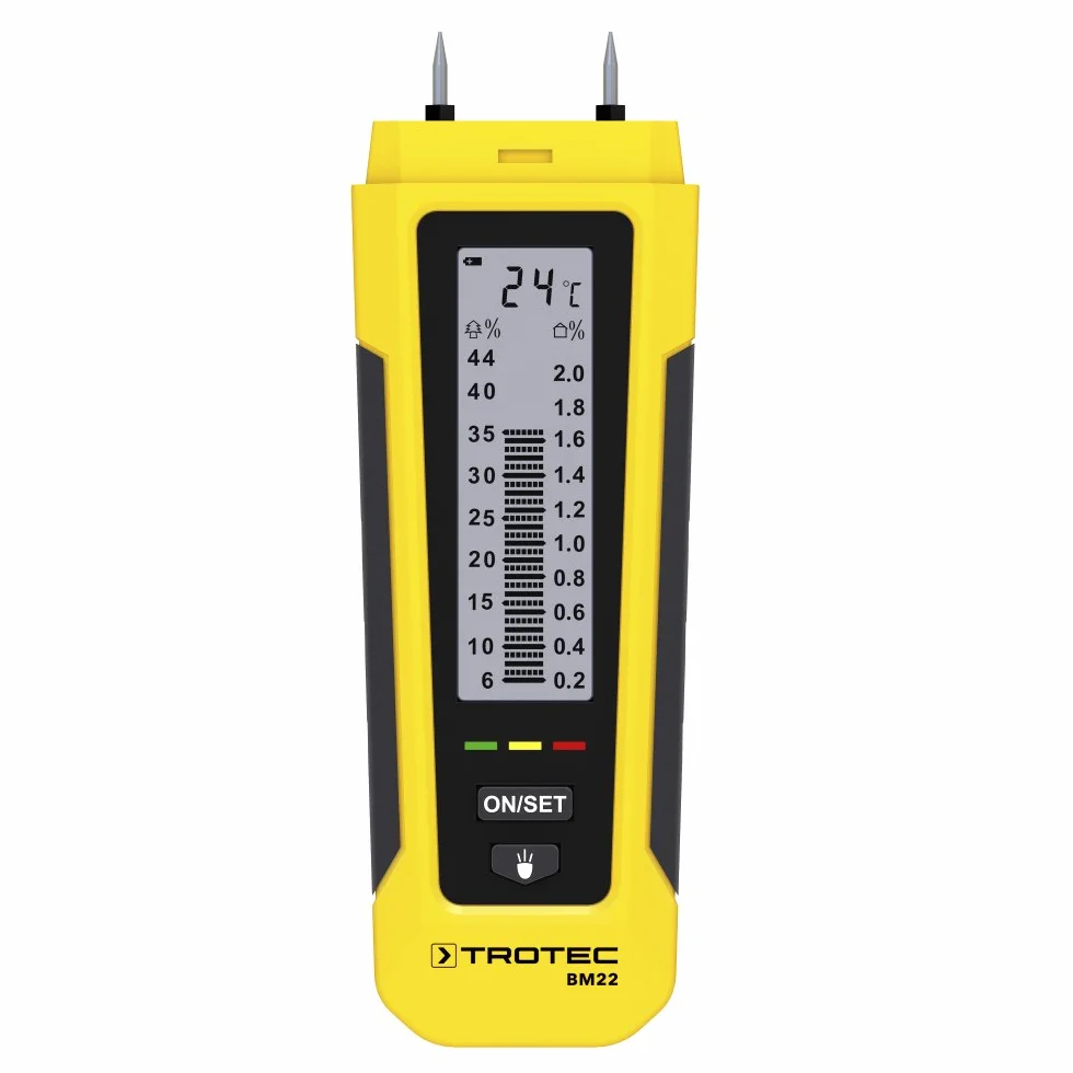 TROTEC Medidor de Humedad de la Madera, Temperatura y Materiales BM22, Linterna LED, Portátil, Indicador de Humedad LED, Portátil, Clip para Bolsillo