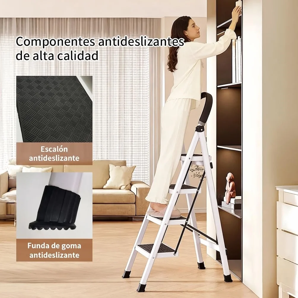 Escalera Plegable Multifuncional Antideslizante 4 Peldaños con Soporte Adicional y Mango