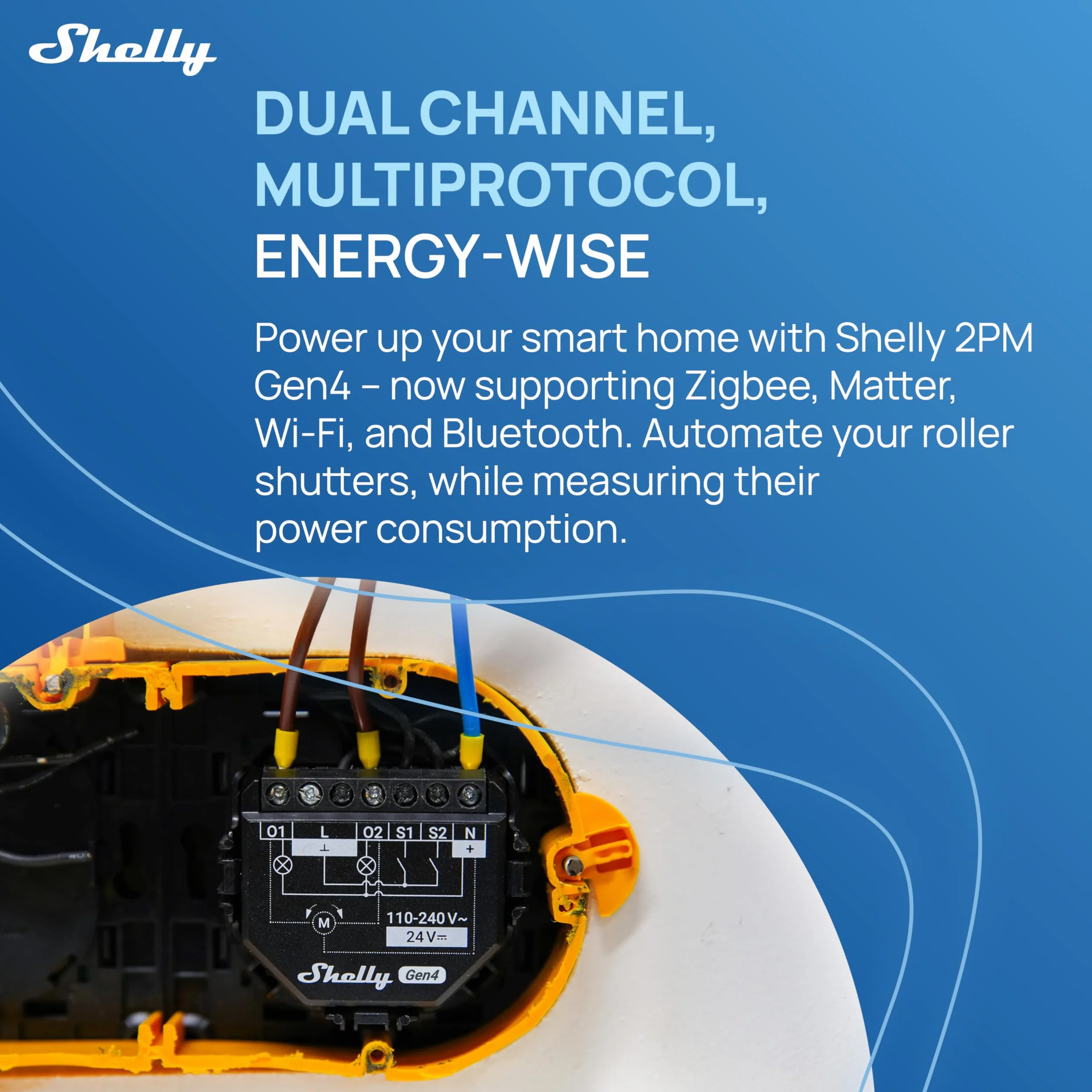 Shelly 2PM Gen4 – Módulo interruptor de persianas con Matter, Zigbee, Wi-Fi, 2 canales 8A, Medición de consumo eléctrico, Control inalàmbrico por aplicación y voz Alexa, Google, Apple HomeKit