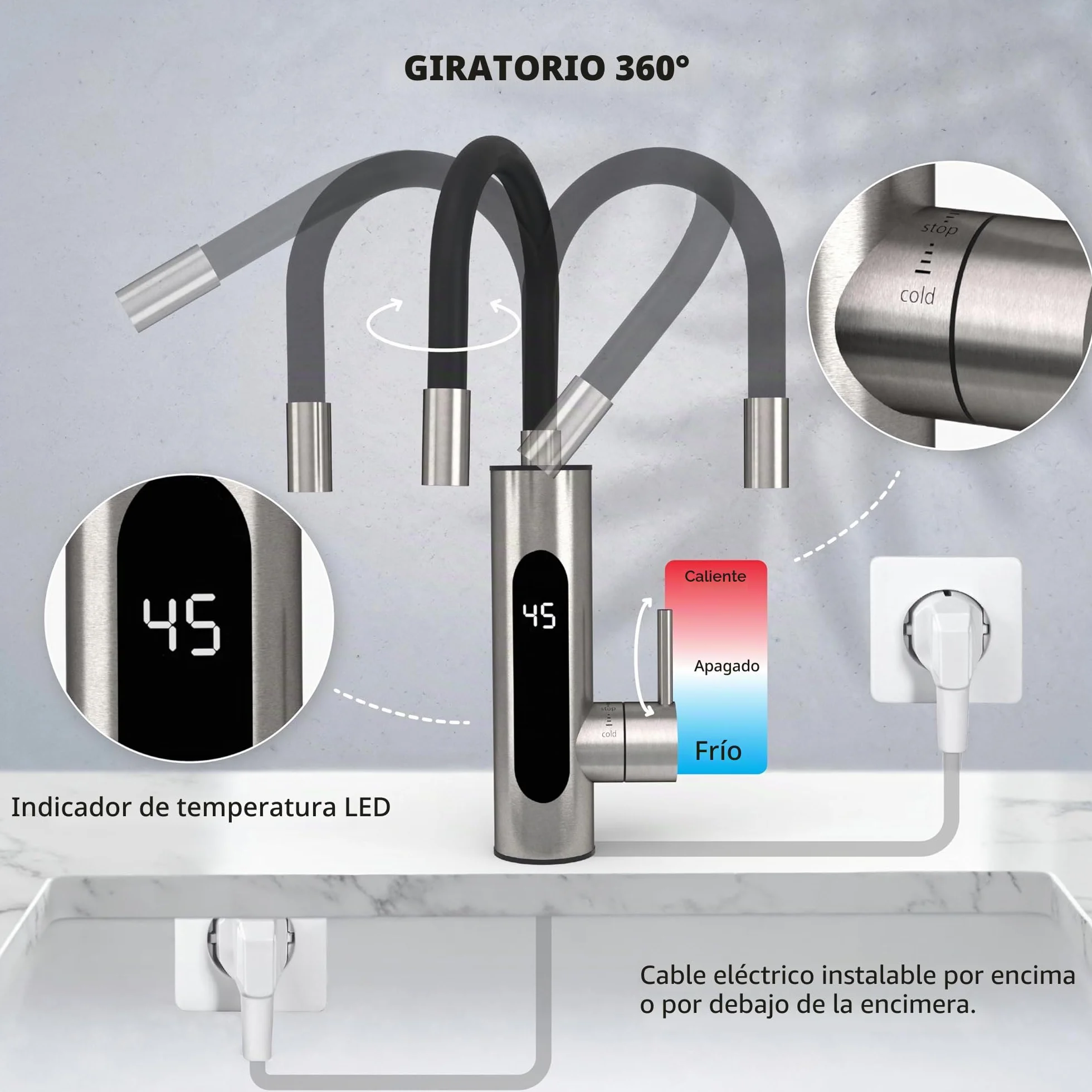 HOGART Grifo eléctrico con calentador de agua instantáneo 230 V para cocina jardín baño caravana camping