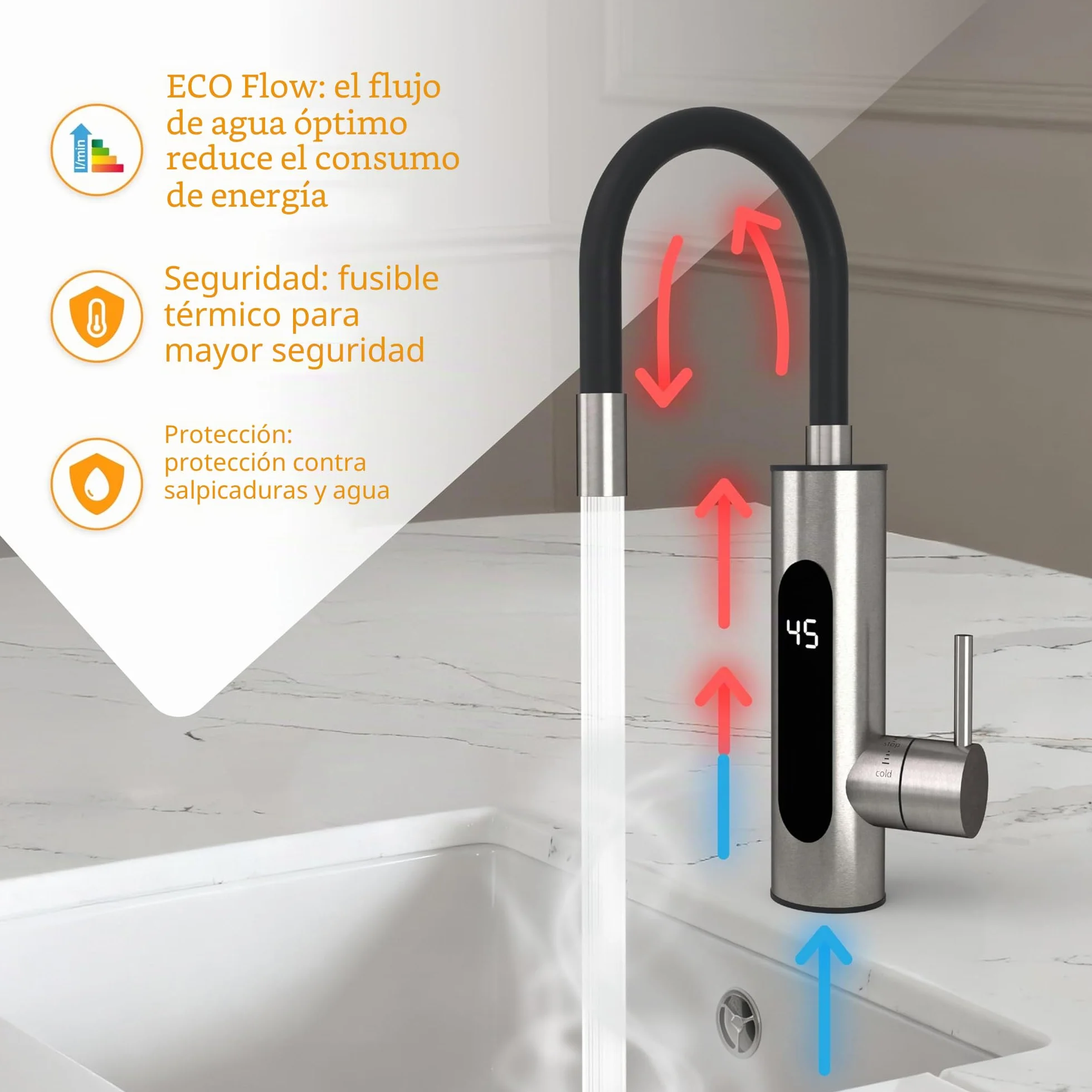 HOGART Grifo eléctrico con calentador de agua instantáneo 230 V para cocina jardín baño caravana camping