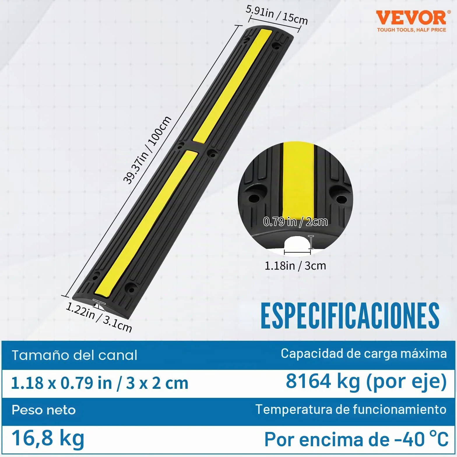 VEVOR Rampa de Protección de Cable 4 Piezas 1 Vía Canaleta Pasacables de Suelo Canal de 3x2 cm Protector de Cables de Goma Capacidad de Carga 8164kg/eje Cubiertas de Suelo para Cables Negro y Amarillo