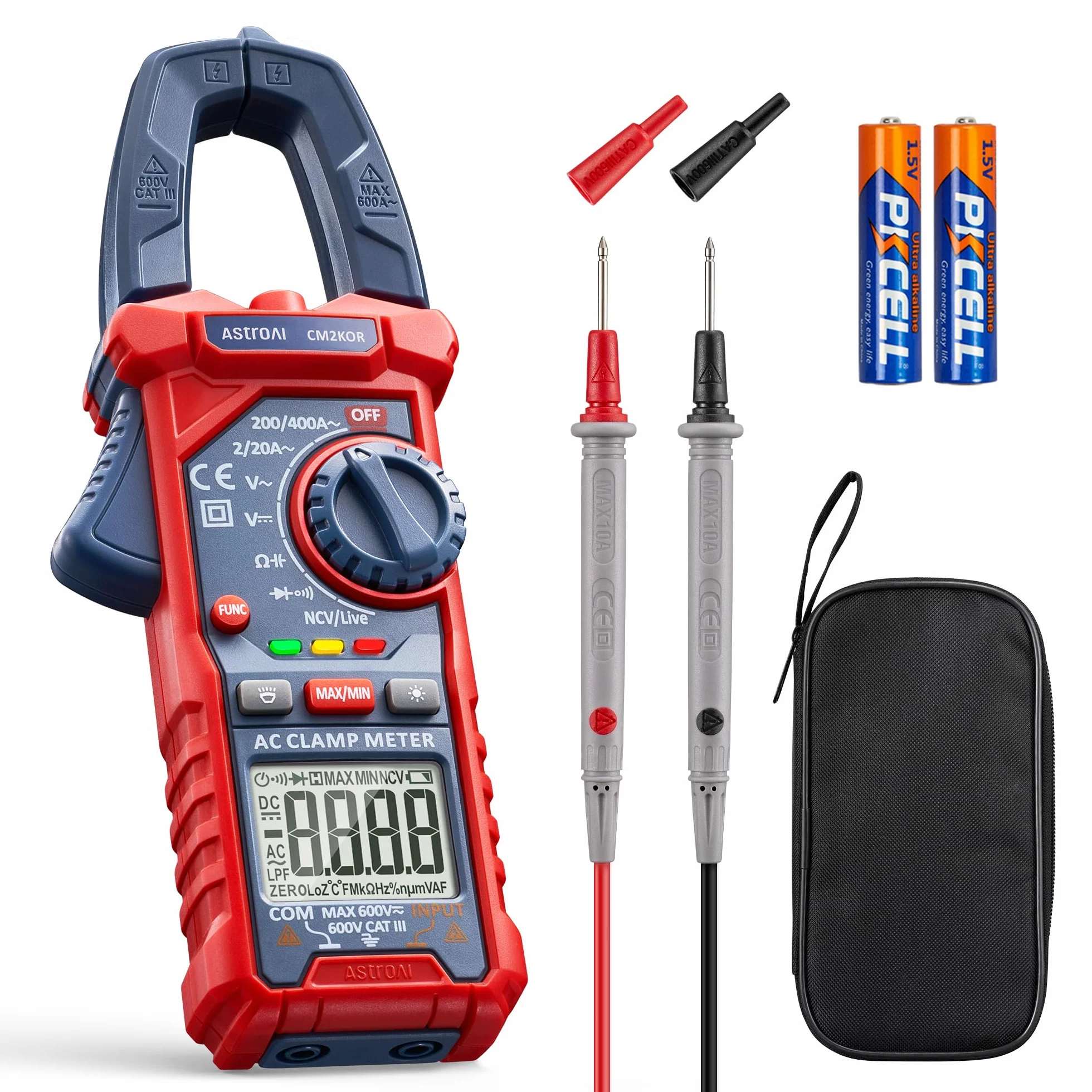 AstroAI Pinza Ampérimetrica, Multímetro Digital Profesional, Polímetro, Voltímetro, Tester para Corriente CA, Voltaje CA/CC, Resistencia, Frecuencia, Capacitancia, Continuidad, Diodos de Prueba
