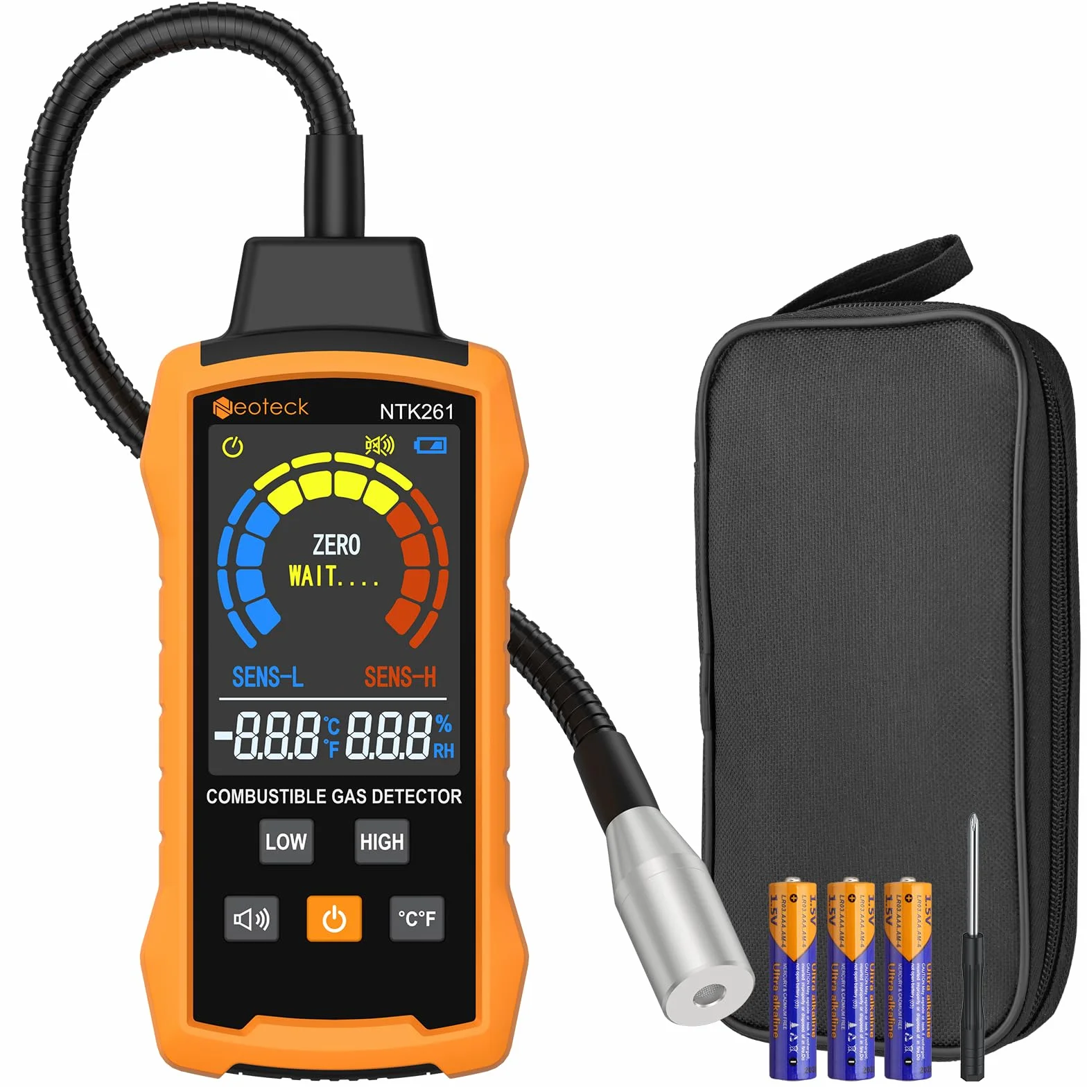 Neoteck Detector de Gas Natural Detector de Fugas de Gas con Sonda Flexible de 12 Pulgadas Detector de Gas Combustible con Alarma Audible y Visual para Vivienda Caravana Estufa Gasoducto