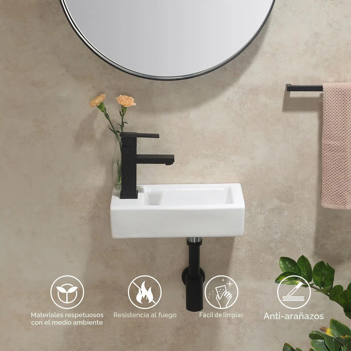 HOROW Lavabo colgante de pared, rectangular, de cerámica, porcelana, pequeño, para invitados, orificio para grifo a la izquierda, 370 x 185 x 90 mm