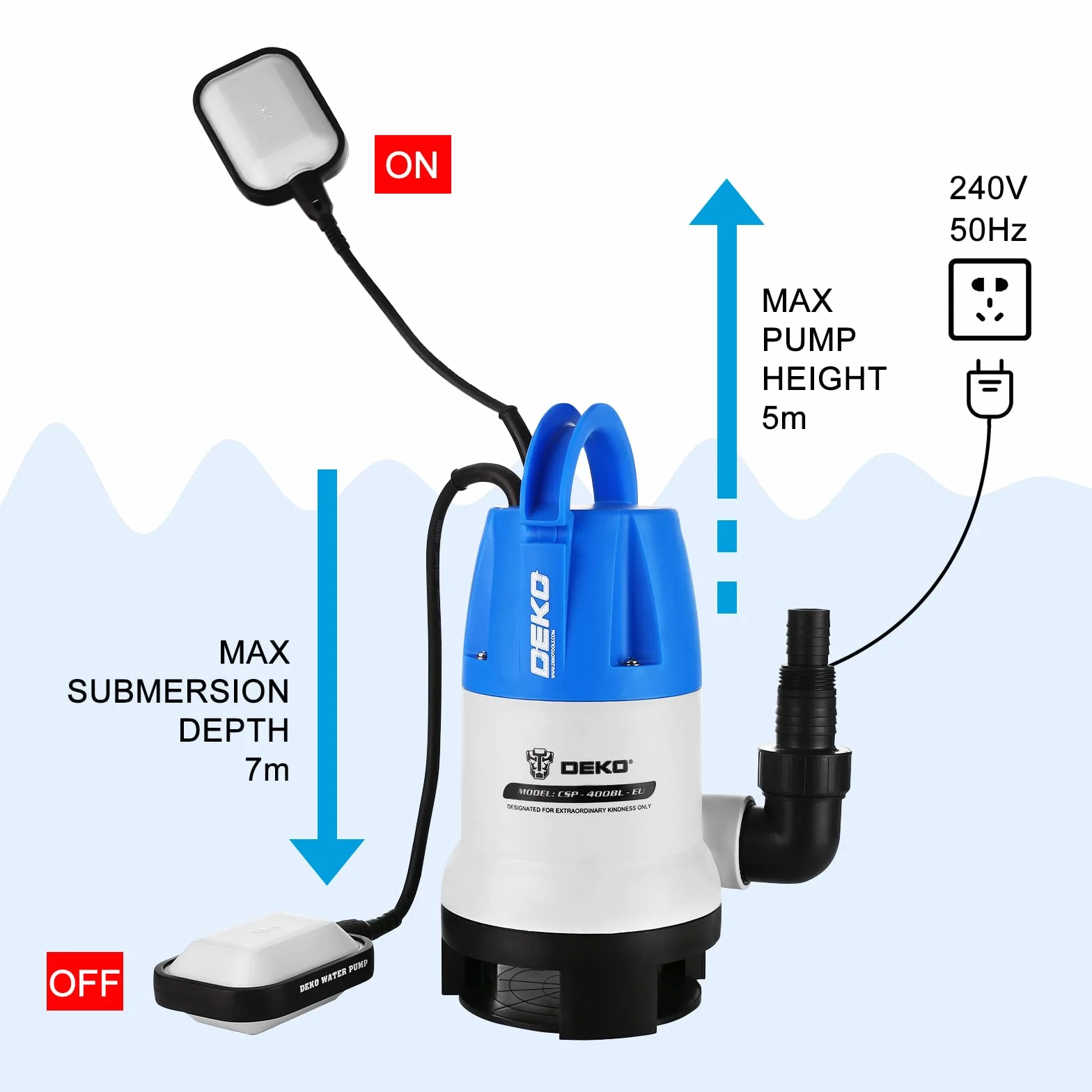 DEKO Bomba de agua sumergible eléctrica 400 W 8000 L/H interruptor flotador