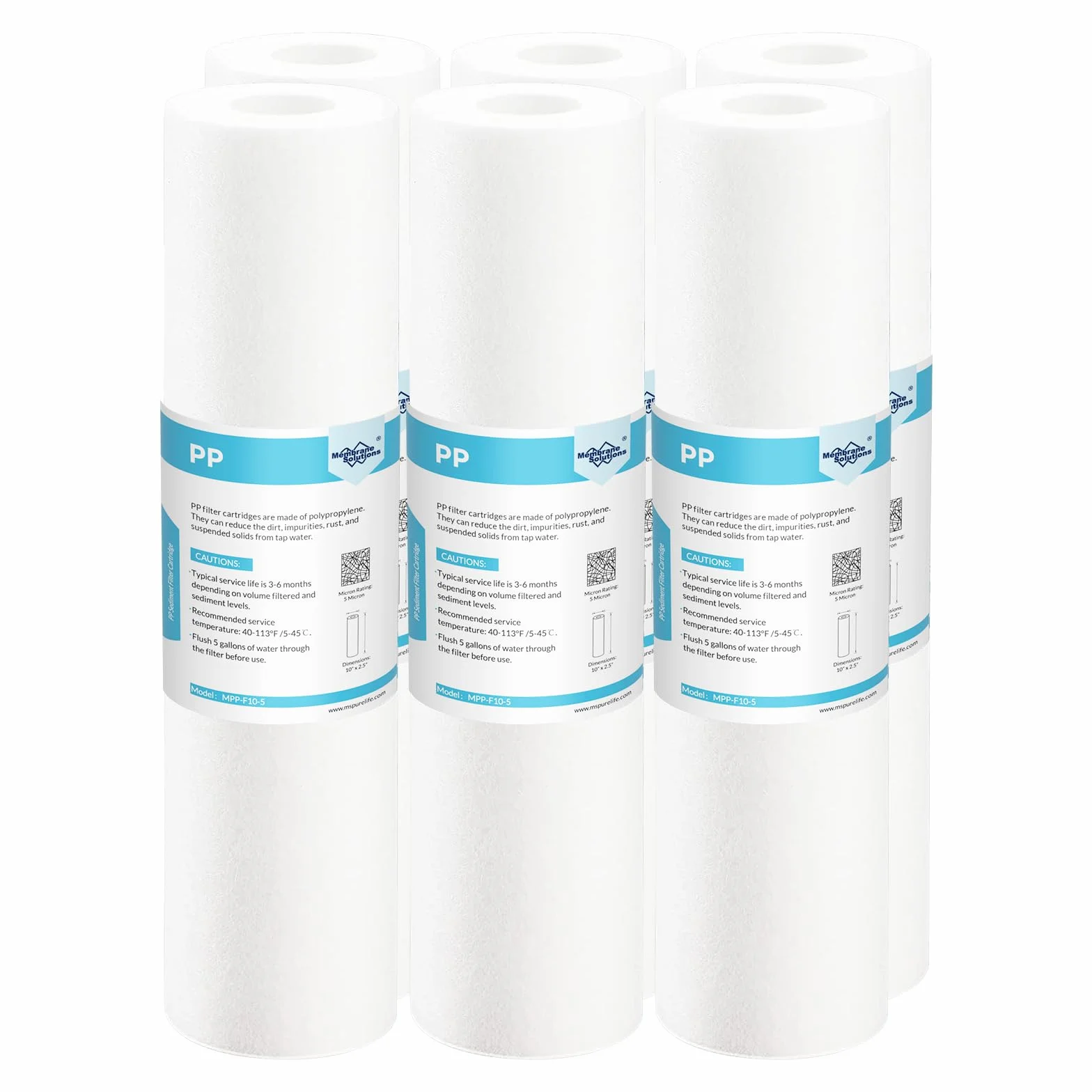 Membrane Solutions Cartucho de Sedimentos 5 Micras 10" x 2.5" Filtro de Agua Ósmosis Inversa 6 Pack