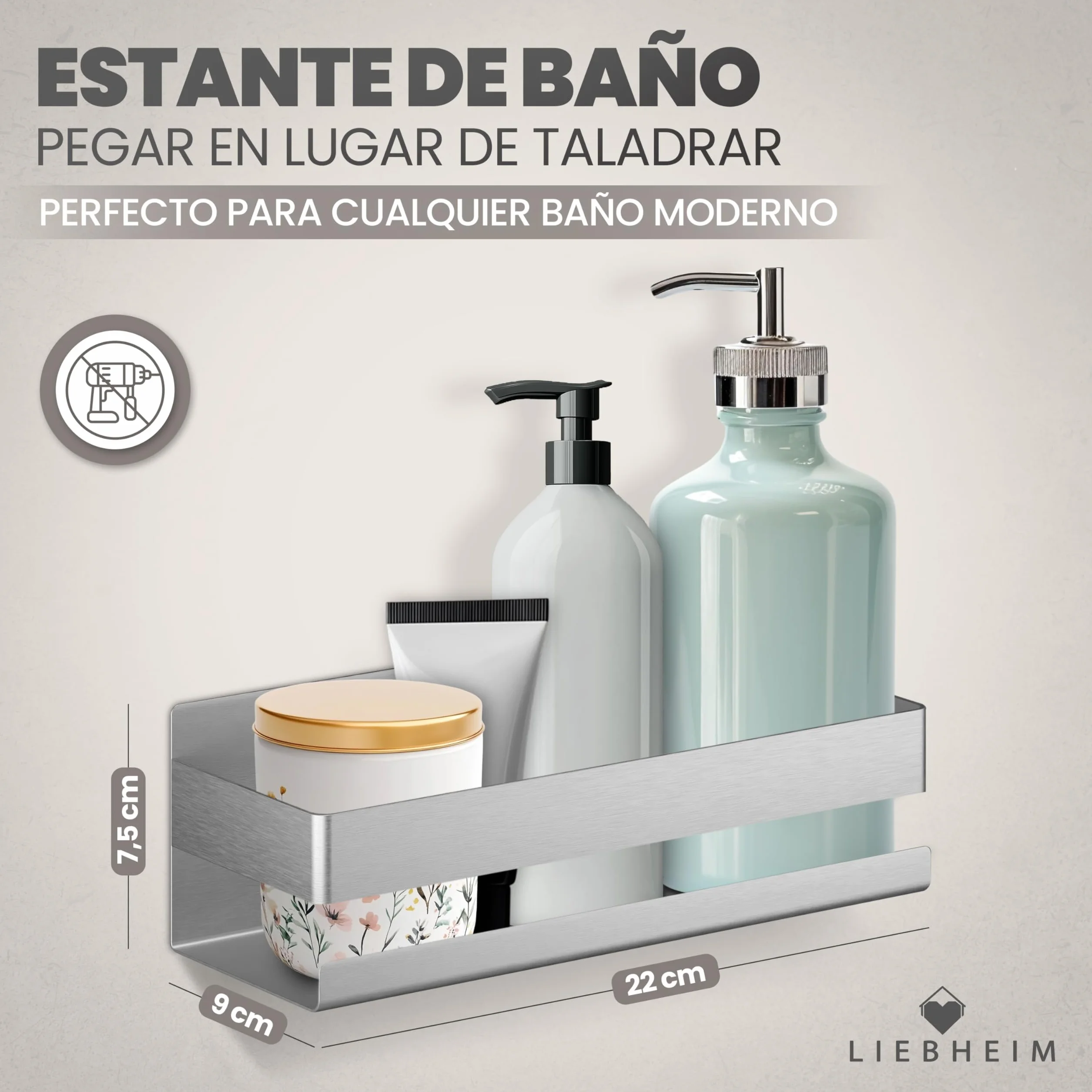 LIEBHEIM Estante de Ducha Cesta de Ducha Estante de baño sin taladrar - fijación Super Fuerte Gracias a la Cinta Adhesiva de Montaje - Acero Inoxidable S304 - Macizo (Acero Inoxidable Cepillado)
