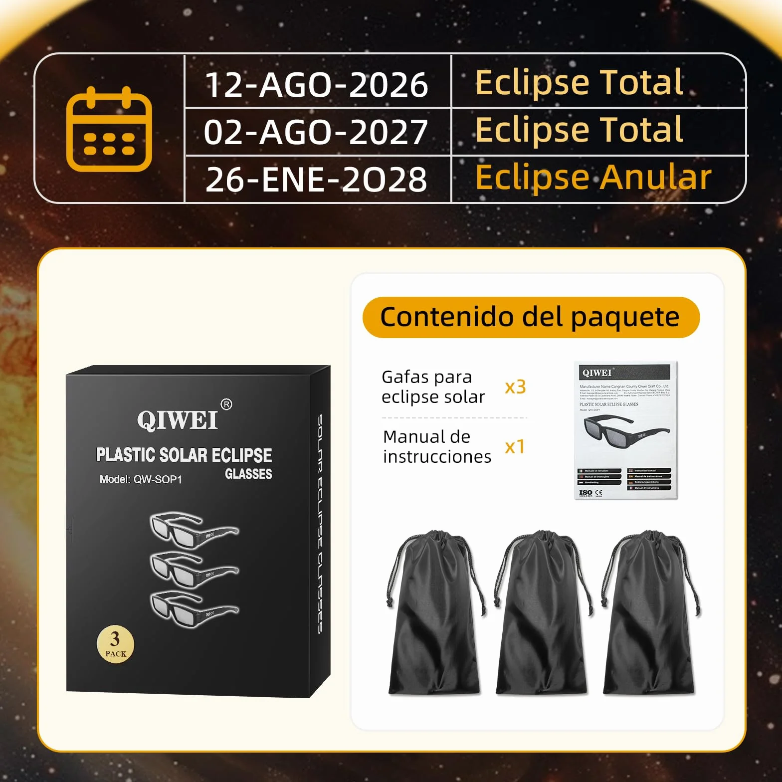 Gafas Eclipse Solar Homologadas 2026 Pack 3 Certificadas CE ISO 12312-2:2015 Protección UV IR Adultos Niños