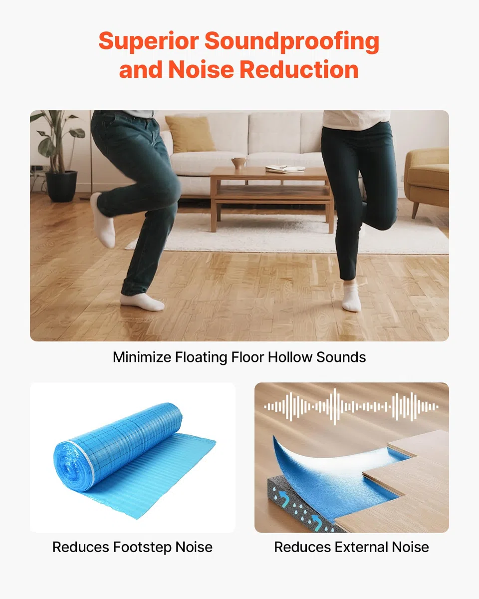 VEVOR Base para Suelo 18,6 m²/Rollo, 3 en 1, con Cinta y Barrera de Vapor, Espuma EPE Resistente con PE Azul, Insonorizante y Reductor de Ruido, Ideal para Madera Laminada, 16900 x 1100 x 3 mm
