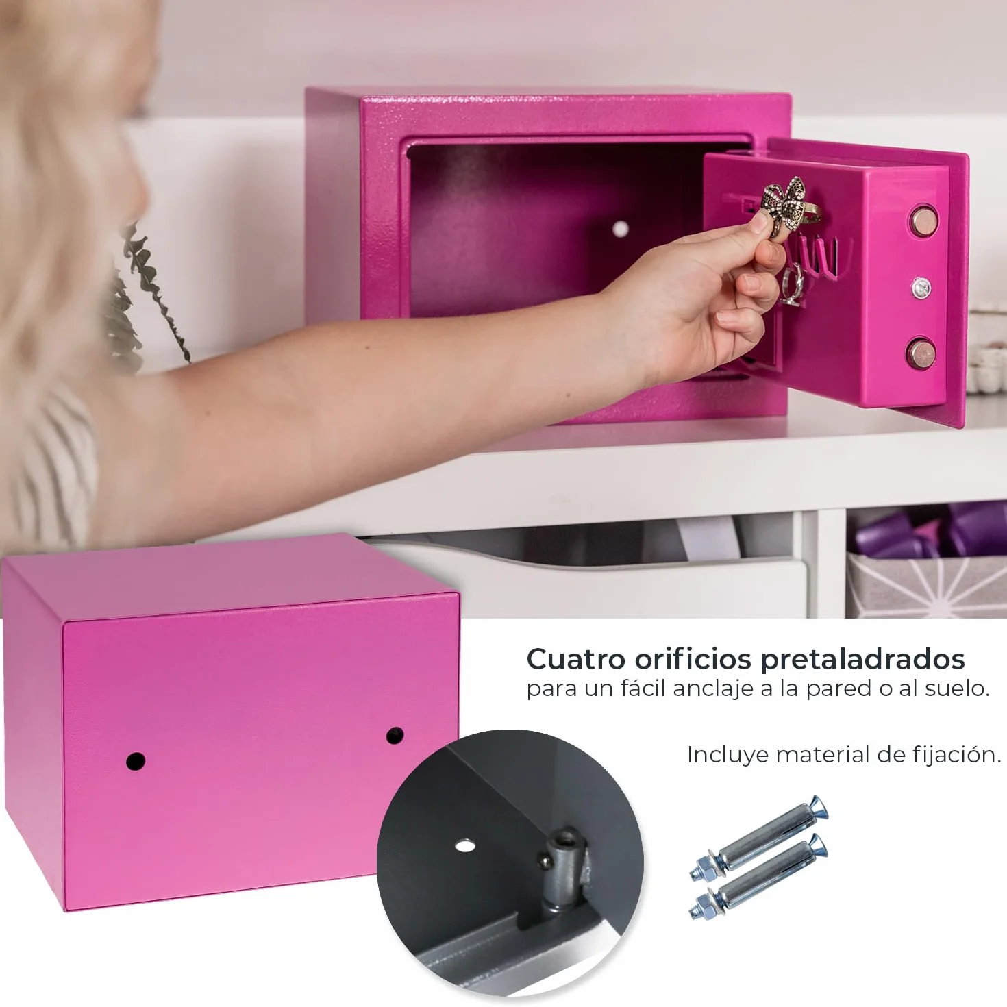 HMF Caja Fuerte Pequeña para Muebles con Cerradura de Combinación 23 x 17 x 17 cm Rosa