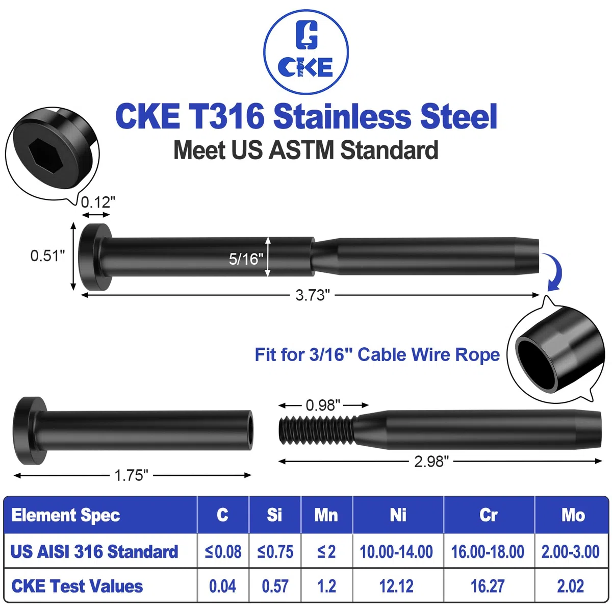 CKE Juego de 20 barandillas de cable invisibles, terminales tensores de acero inoxidable T316 para sistema de barandilla de cable de 1/8 pulgadas, receptor invisible y accesorios de extremo de perno