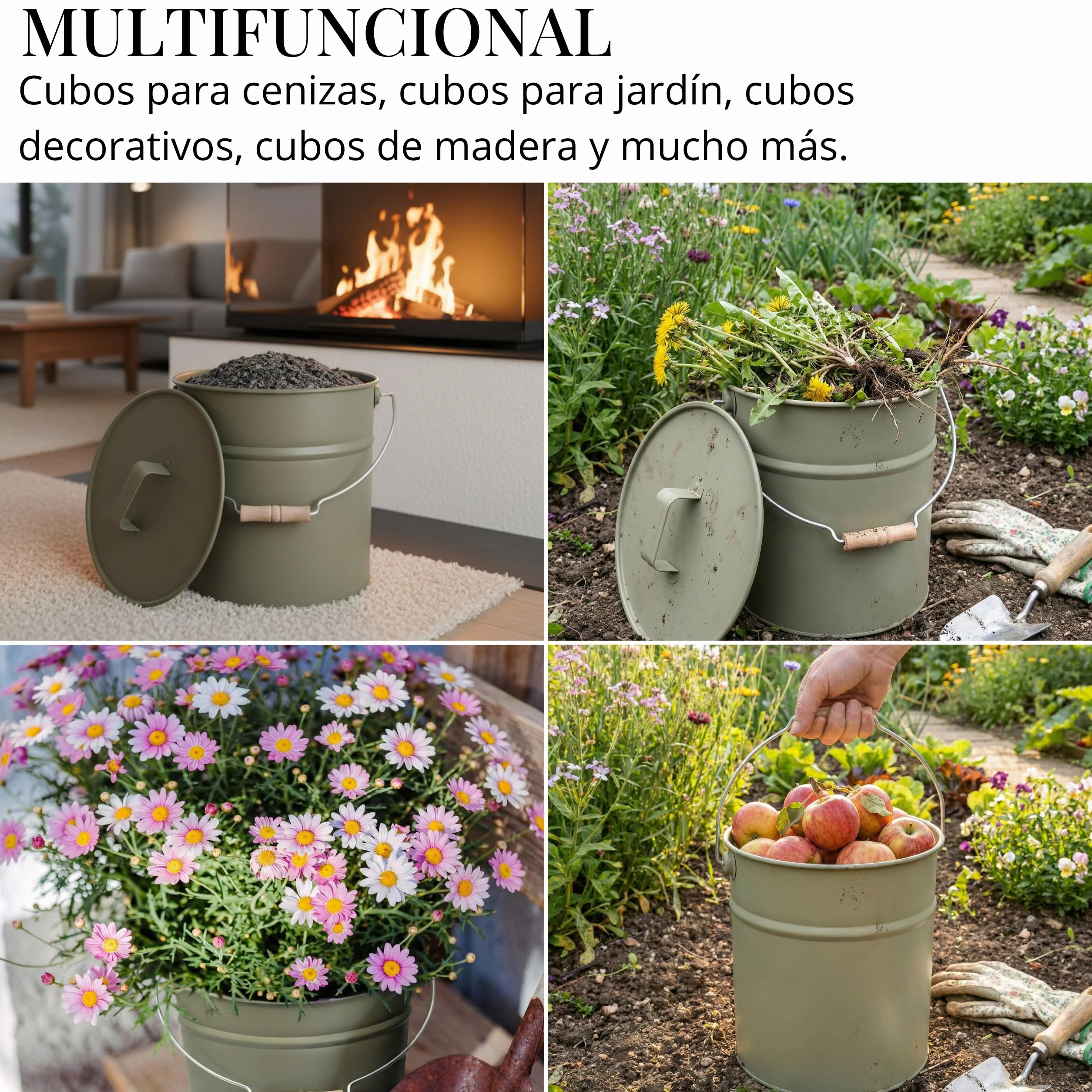LIVLIG Cubo de cenizas con tapa, 12 L, color gris musgo, cubo galvanizado con tapa para chimeneas modernas, calidad premium de Europa, accesorios elegantes para chimenea para guardar las cenizas de