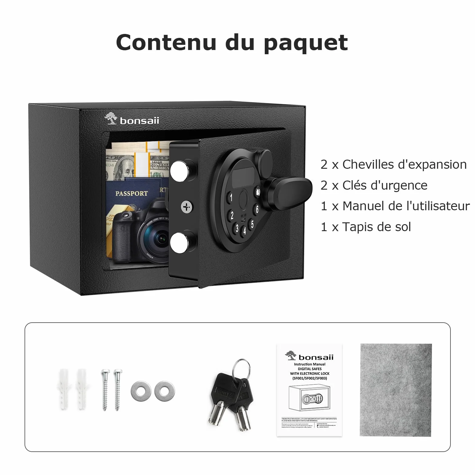 Bonsaii Caja Fuerte Mini 6.6L Pantalla LED Teclado Electrónico Llave Acero USB Respaldo Oficina Hogar Hotel