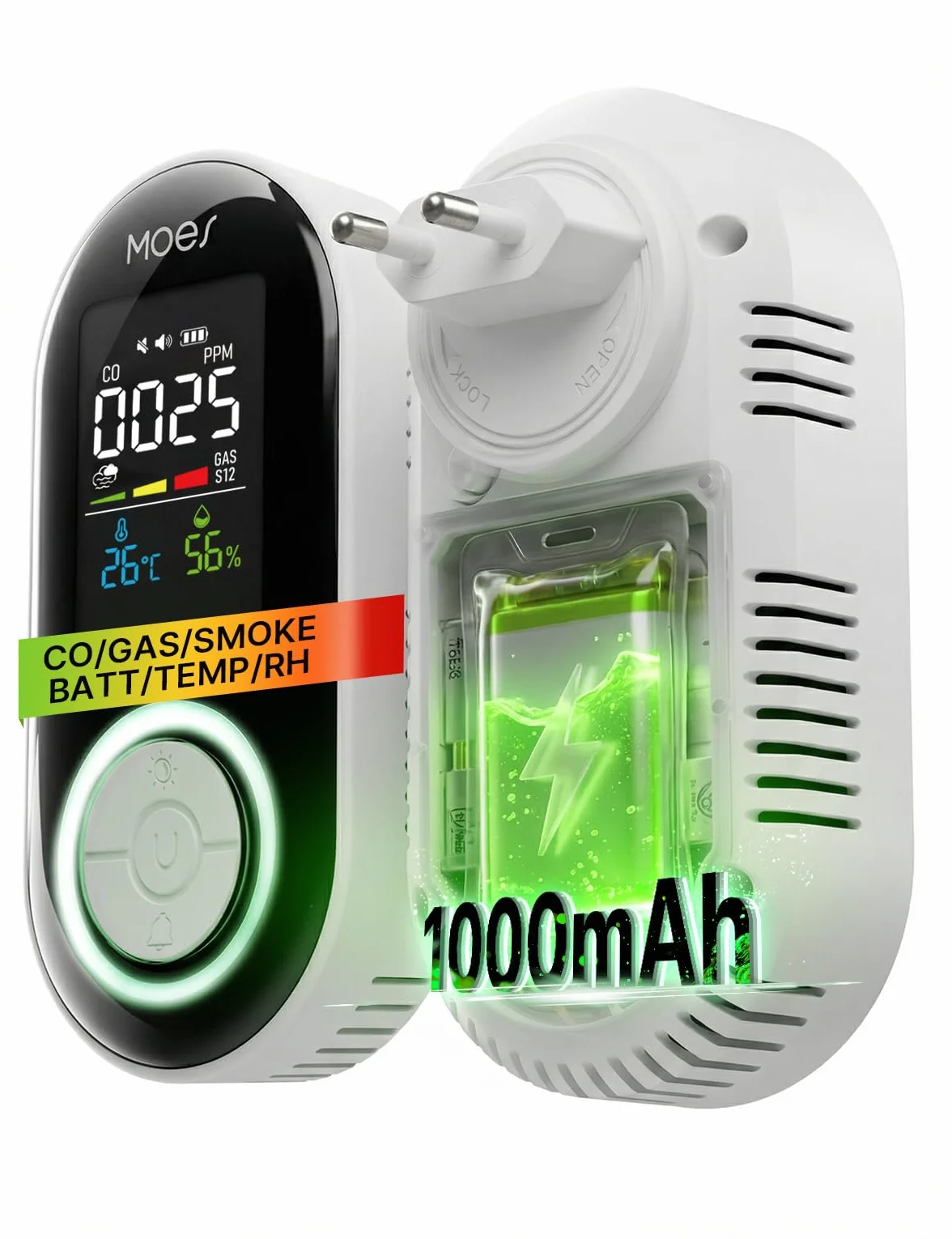 Detector de Monóxido de Carbono/Gases/Humo con Enchufe - Detector de CO 5 en 1 con Sensor de Temperatura & Humedad - Alarma Sonora para GLP, Propano, Metano, Etano y CO - para Casa y Autocaravana