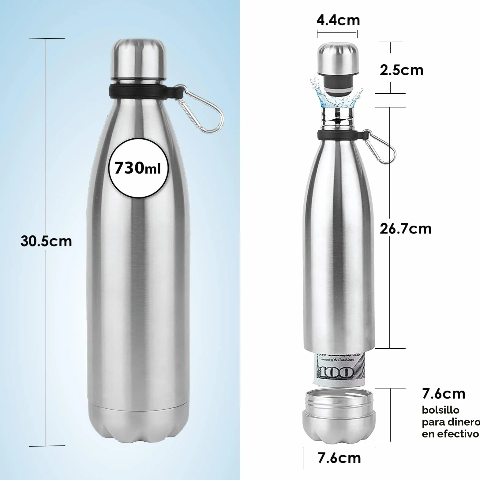 Botella de Agua Segura con Compartimento Oculto Secreto, Caja de Almacenamiento de Acero Inoxidable, Desenrosca la Parte Inferior para Guardar tus Objetos de Valor, Plata 730ml