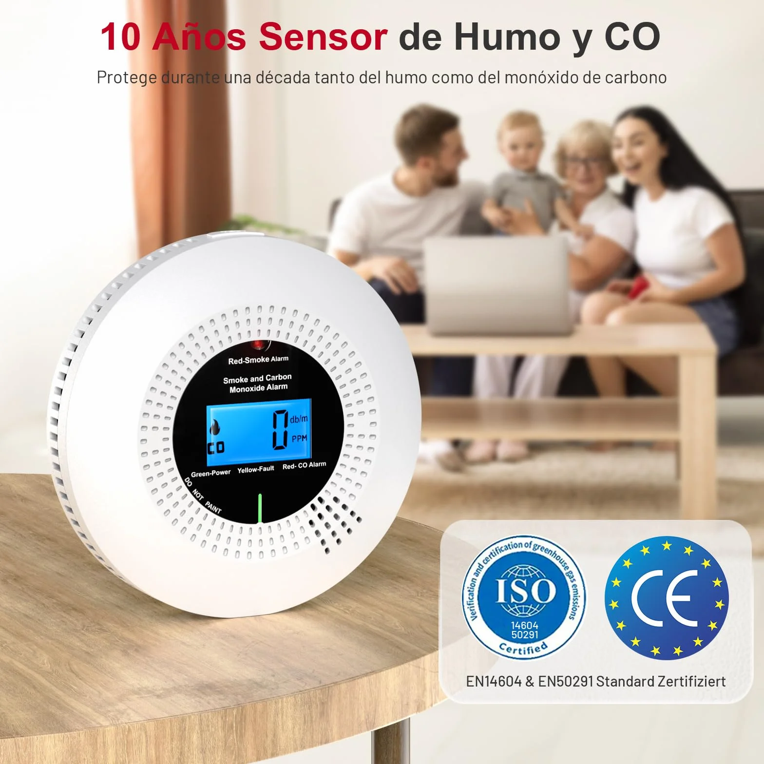 PHYSEN WiFi Detector de Humo y Monóxido de Carbono con 10 Años de Vida Útil y Batería Reemplazable, Detector Combinado Compatible con la App Tuya, Certificación Estándar EN14604 & EN50291, 1St