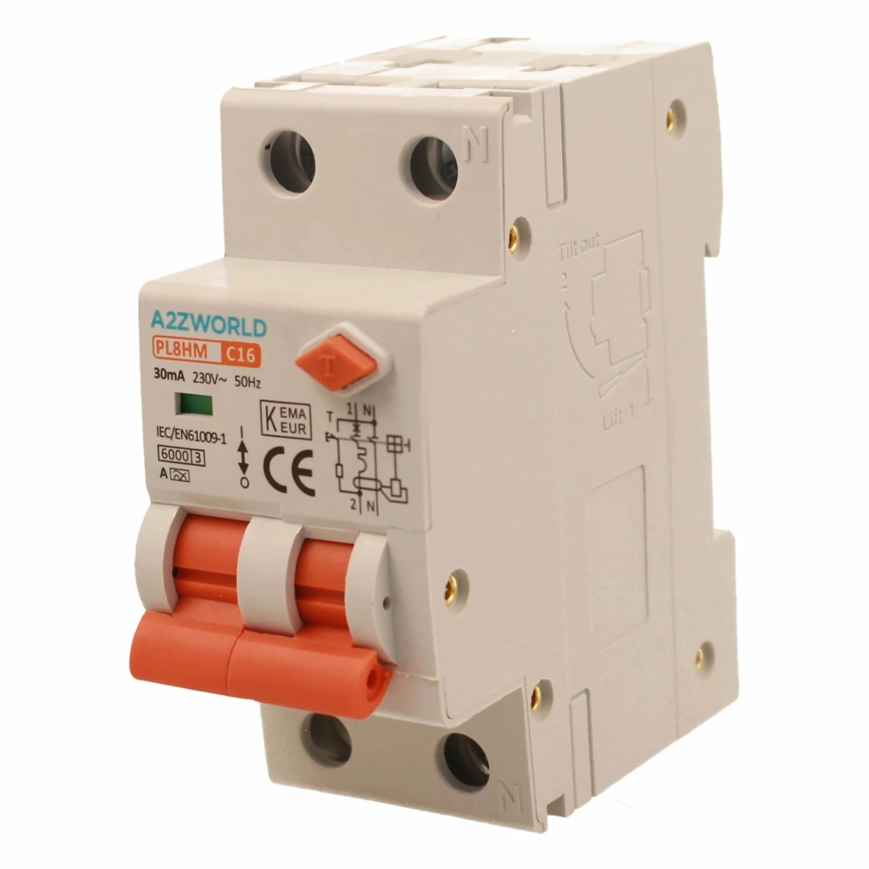 Interruptor magnetotérmico diferencial tipo A, 1P+N Curva C 6KA 30mA 220V, Ocupa 2 módulos DIN, RCBO Tipo A C16 16A