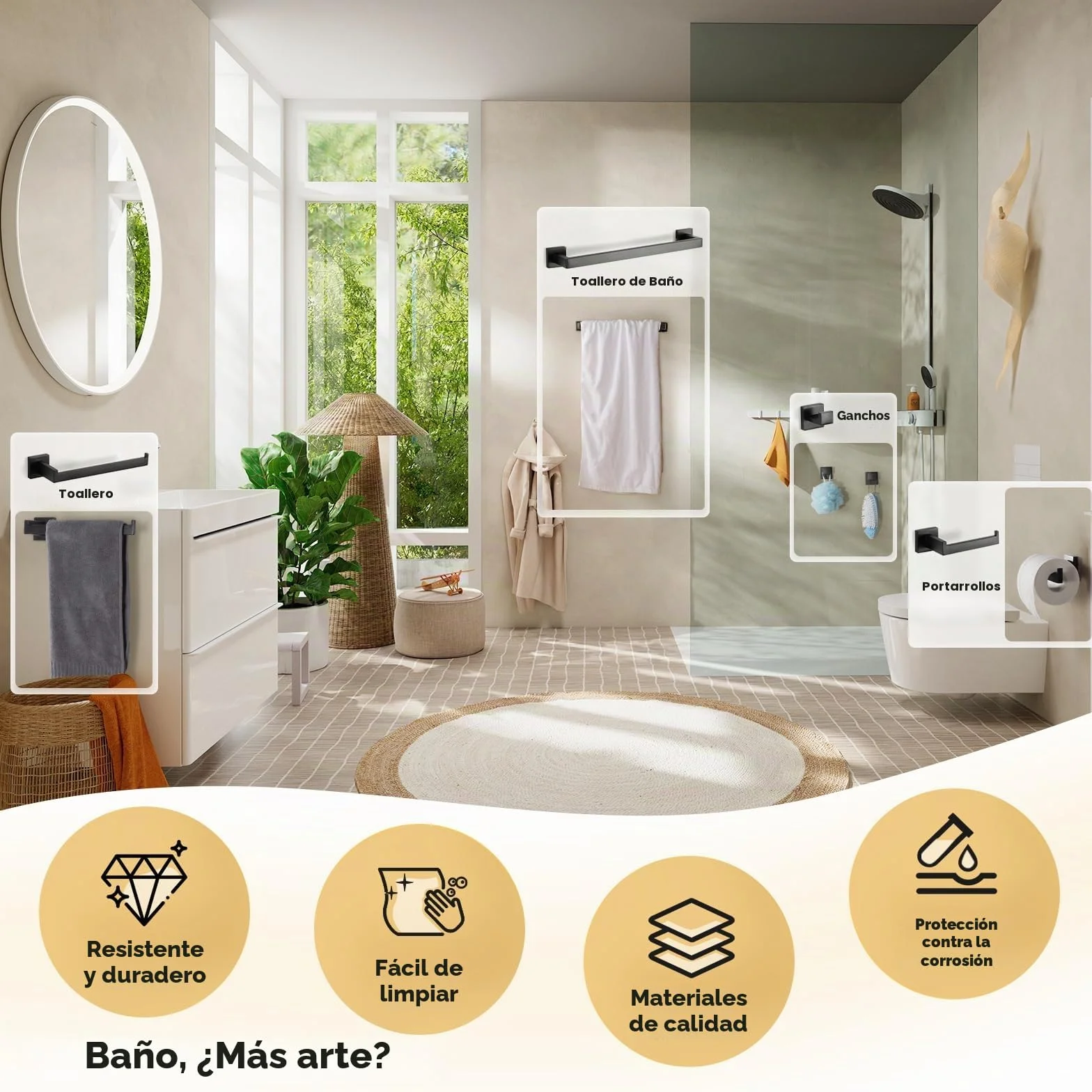 Set de Toallero de Acero Inoxidable 5 Piezas 43CM Porta Papel de Baño 2 Ganchos Colgante de Pared Negro
