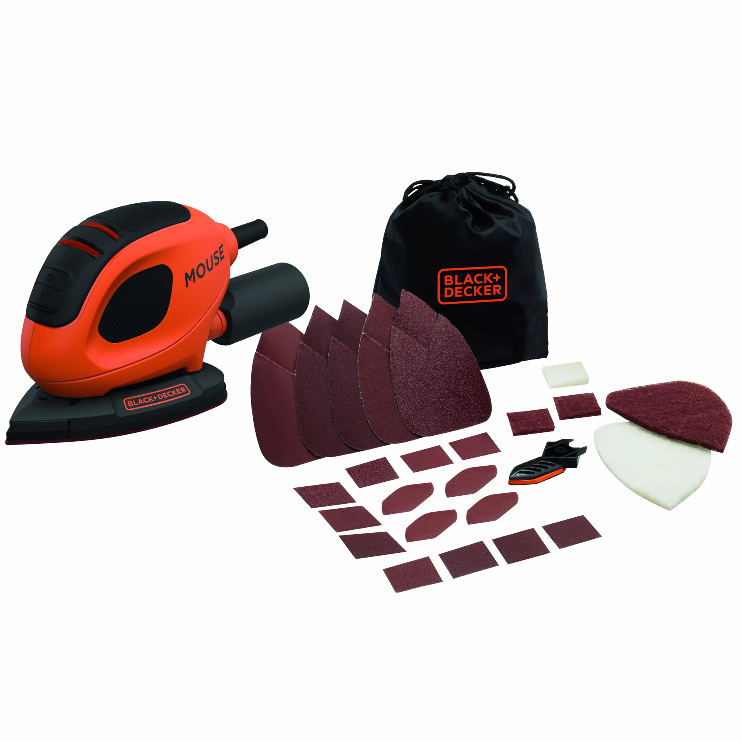 BLACK+DECKER Lijadora de Detalle Mouse 55 W, 11000 RPM, 1.5 mm Órbita, Velcro, 15 Accesorios, BEW230BC-QS