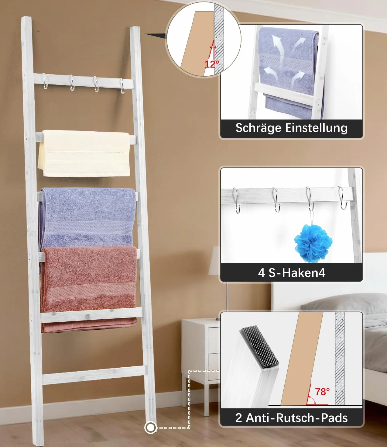 Toallero de escalera de bambú 170x43 cm Blanco 6 travesaños 4 ganchos