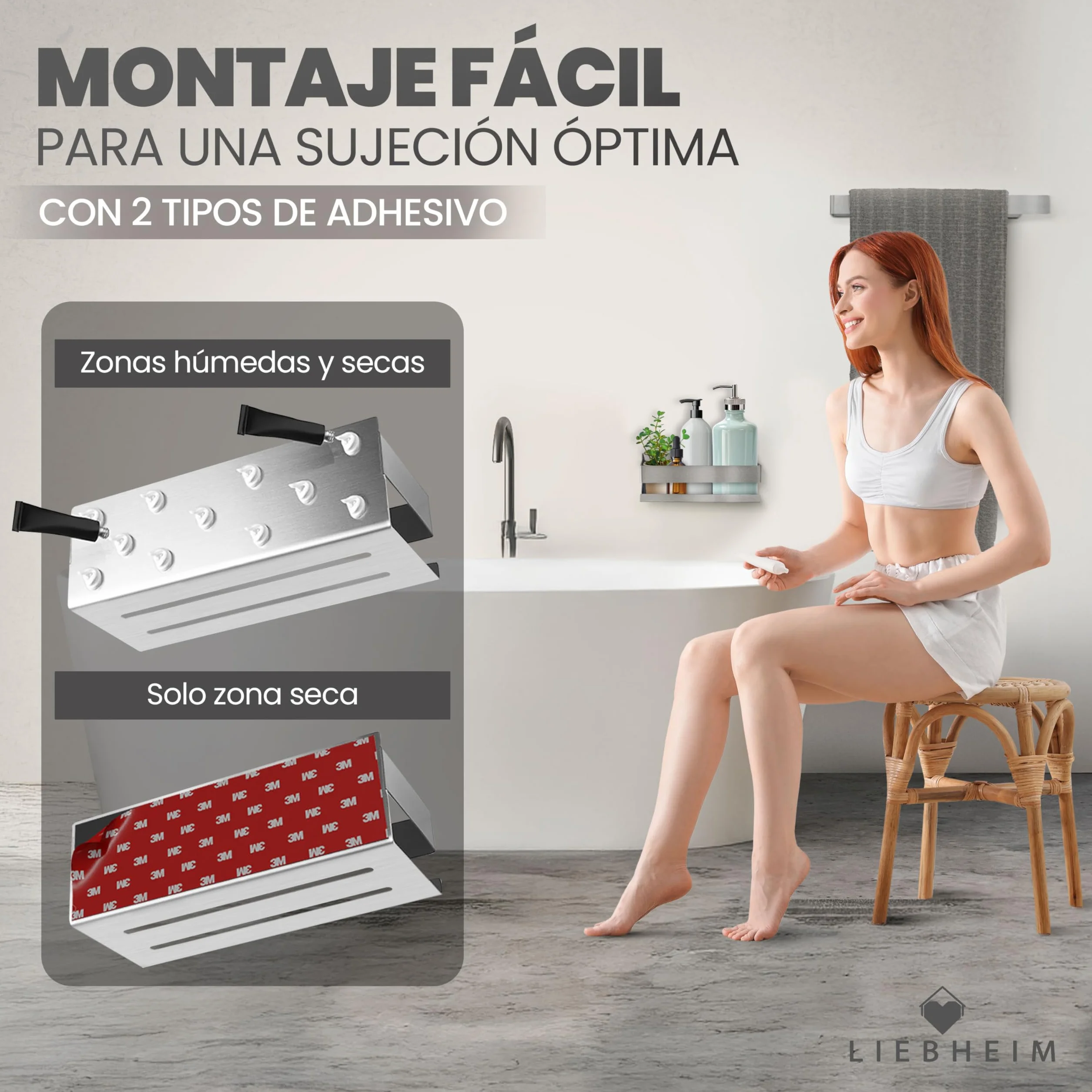 LIEBHEIM Estante de Ducha Cesta de Ducha Estante de baño sin taladrar - fijación Super Fuerte Gracias a la Cinta Adhesiva de Montaje - Acero Inoxidable S304 - Macizo (Acero Inoxidable Cepillado)