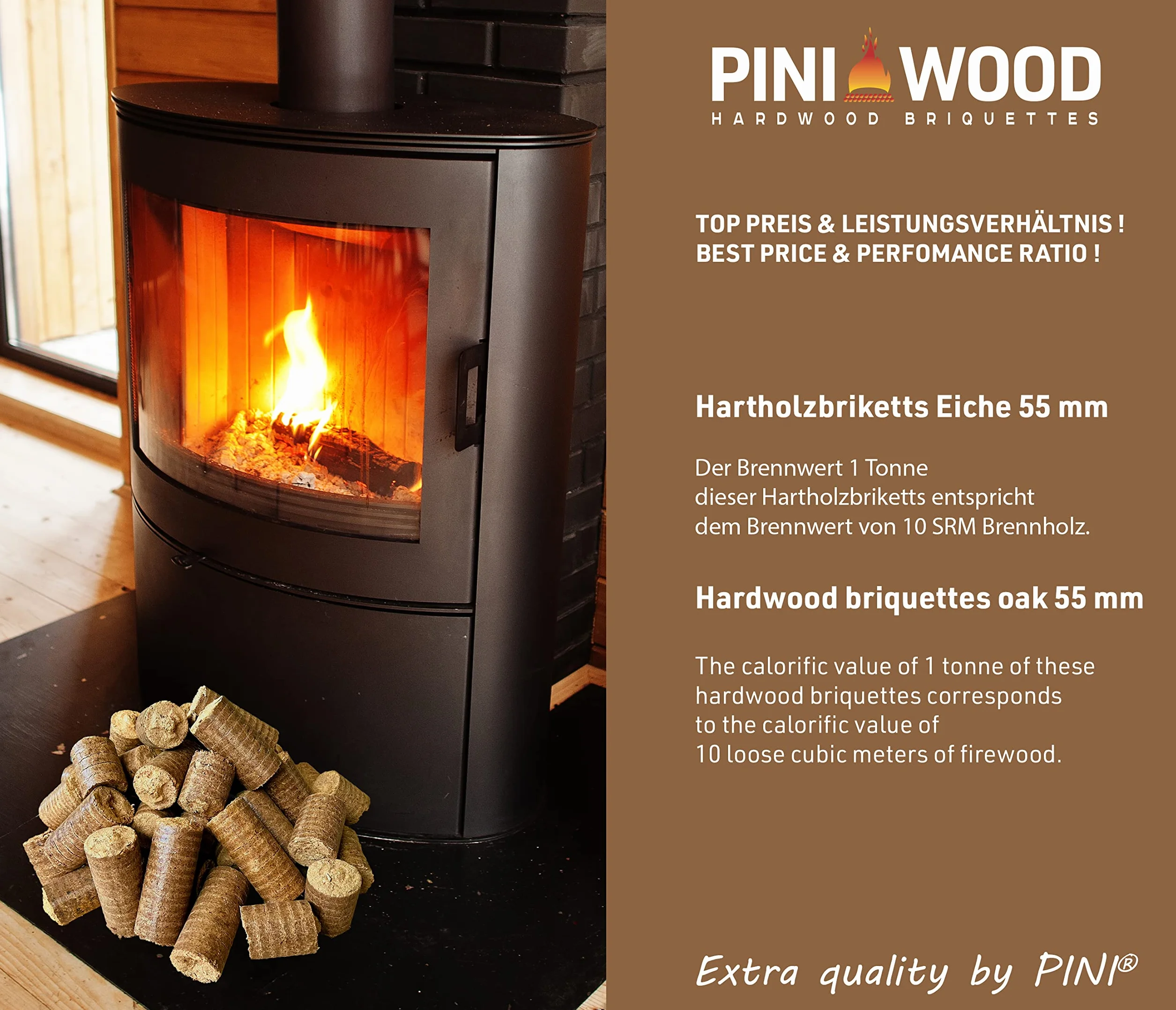 PINI Briquetas de madera dura, 100% roble, 15 kg, chimenea, estufa, leña, barbacoa, briquetas de roble con larga duración de combustión