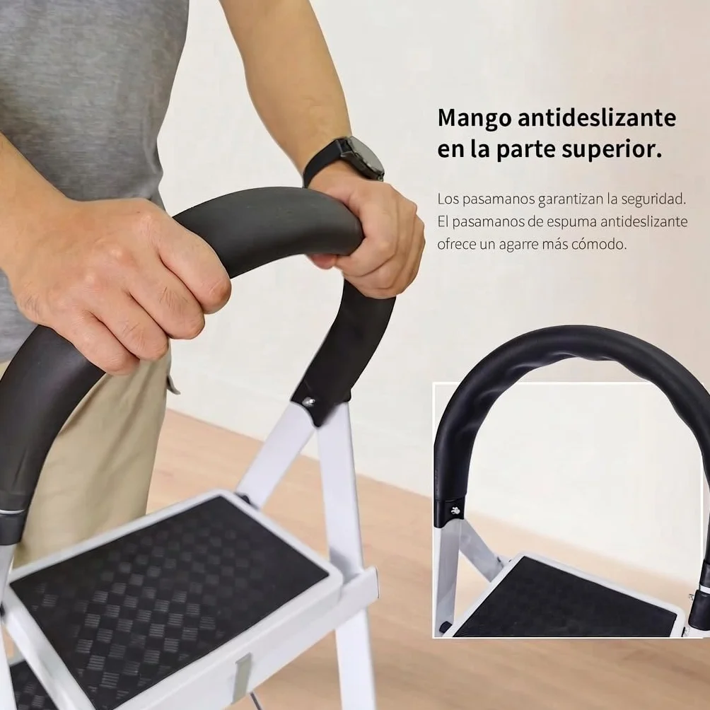 Escalera Plegable Multifuncional Antideslizante 4 Peldaños con Soporte Adicional y Mango