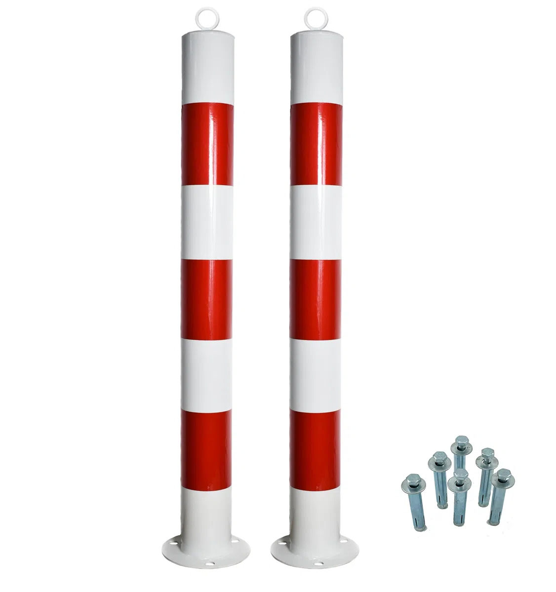 Postes de bloqueo de metal rojo y blanco, diámetro de 76 mm, altura de 750 mm, 1 ojal para acero, resistente, soporte estable, juego de bolardos con tornillos de fijación (2 unidades)