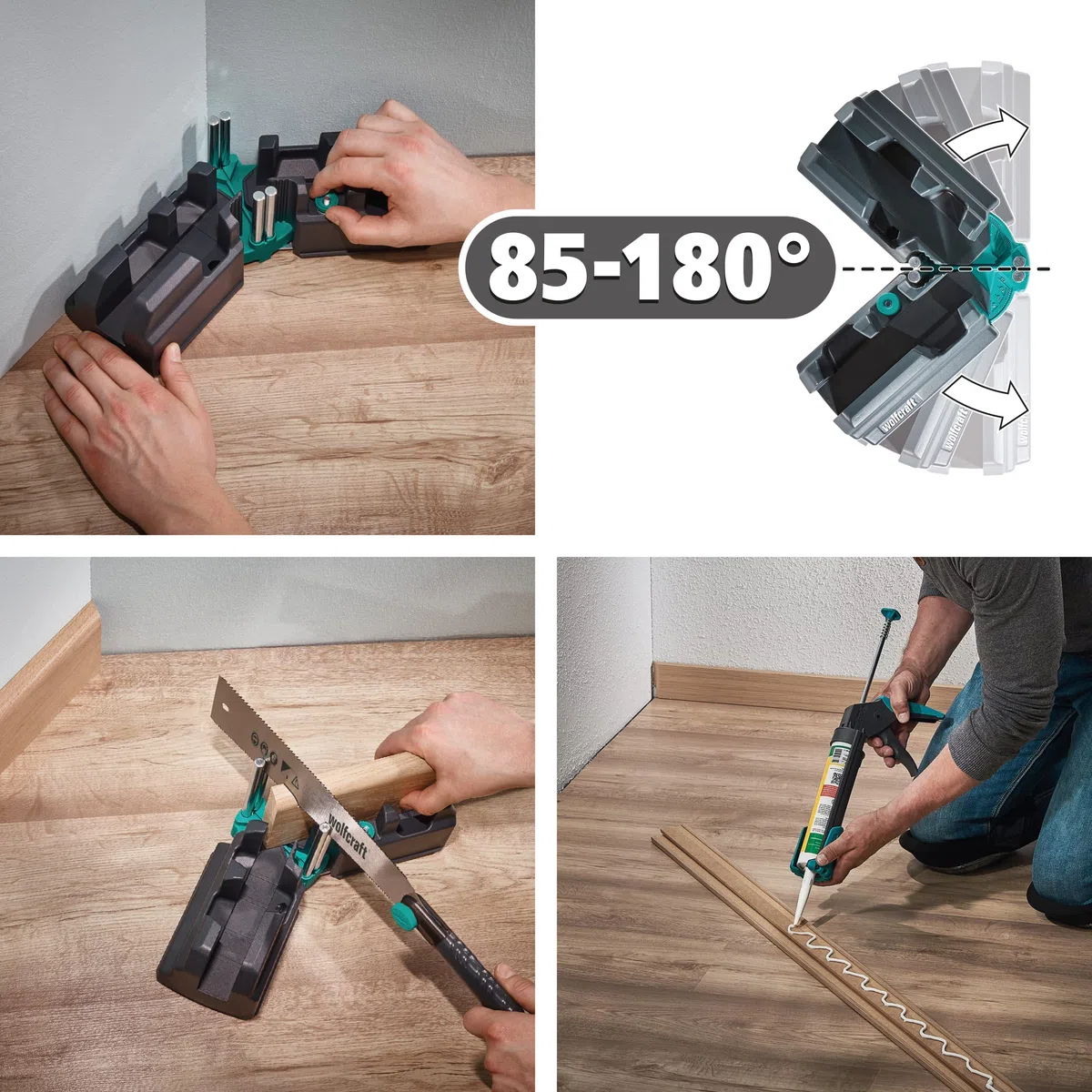 wolfcraft Set para suelos perfectos "Colocación de rodapiés" I 6977000 I Kit completo compuesto por caja de ingletar y falsa escuadra, sierra japonesa y pistola de sellado MG 200