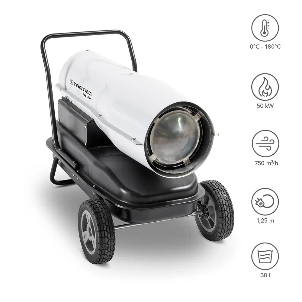 TROTEC Calefactor de gasoil Directo IDE 50 D, Potencia térmica Nominal de 50 kW (44.100 kcal), Termostato, Flujo de aire: 750 m³/h, Ventilador axial, Portátil, Exteriores, Obras, Talleres