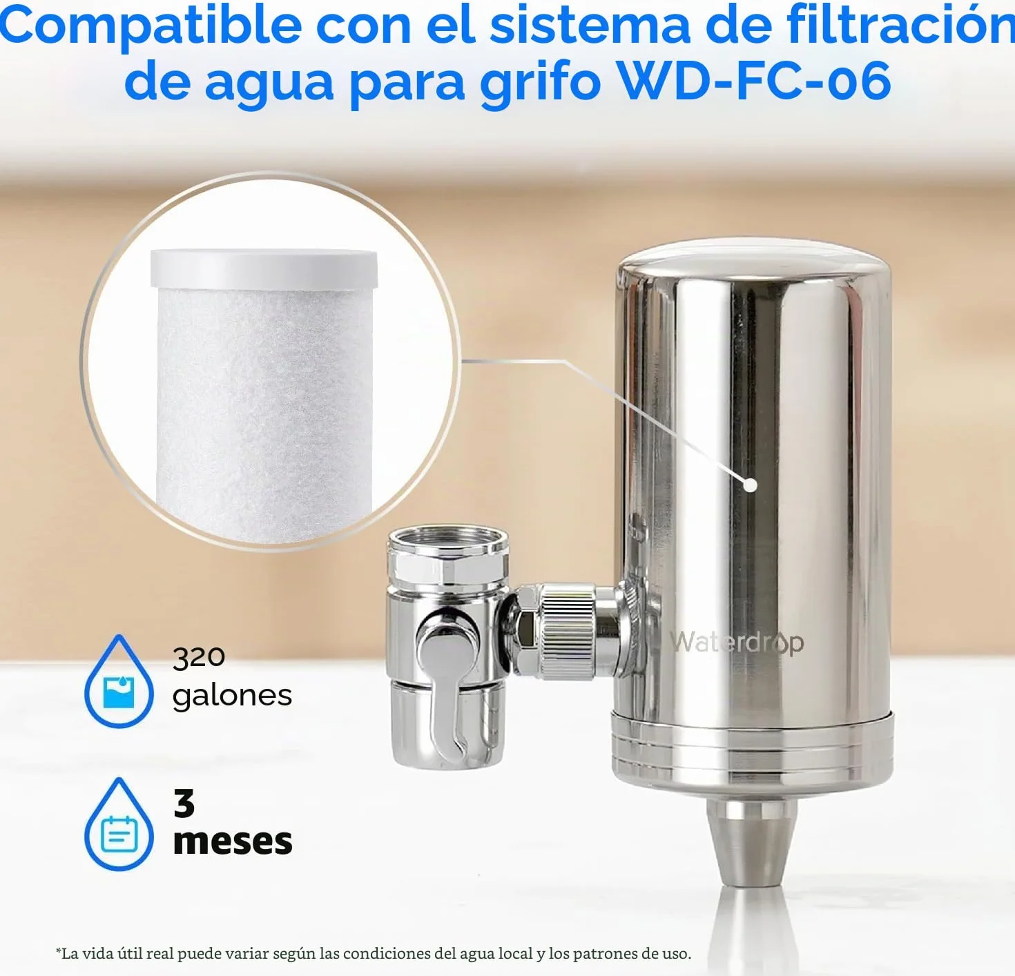 Waterdrop WD-FF-03A Filtro de Carbón de Repuesto para Grifo WD-FC-06, Reduce Cloro y Mal Sabor, Paquete de 3