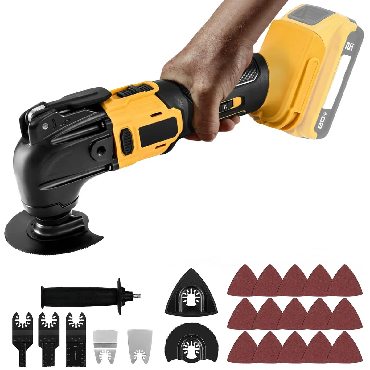 Herramienta Oscilante para batería 20 V, herramienta oscilante multifuncional sin escobillas con 6 velocidades con 23 accesorios para cortar, tallar, lijar y taladrar, sin batería