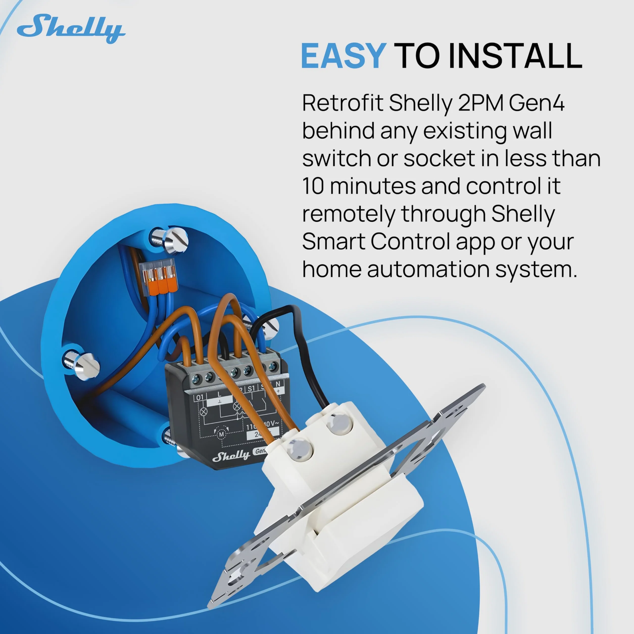 Shelly 2PM Gen4 – Módulo interruptor de persianas con Matter, Zigbee, Wi-Fi, 2 canales 8A, Medición de consumo eléctrico, Control inalàmbrico por aplicación y voz Alexa, Google, Apple HomeKit