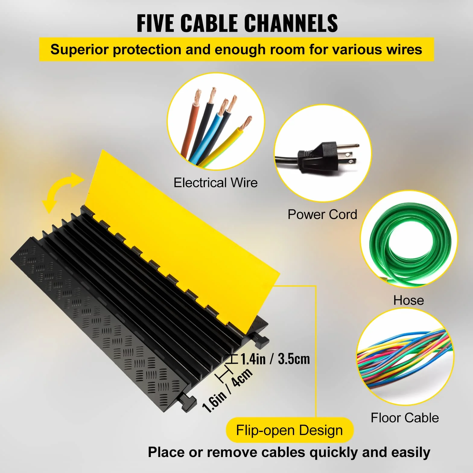 Happybuy Pasacables de Suelo para Proteger las Cables Protector de Cables Protector de Cubierta de Piso de Cables Exteriores Protector de Cubierta de Goma 5 canales