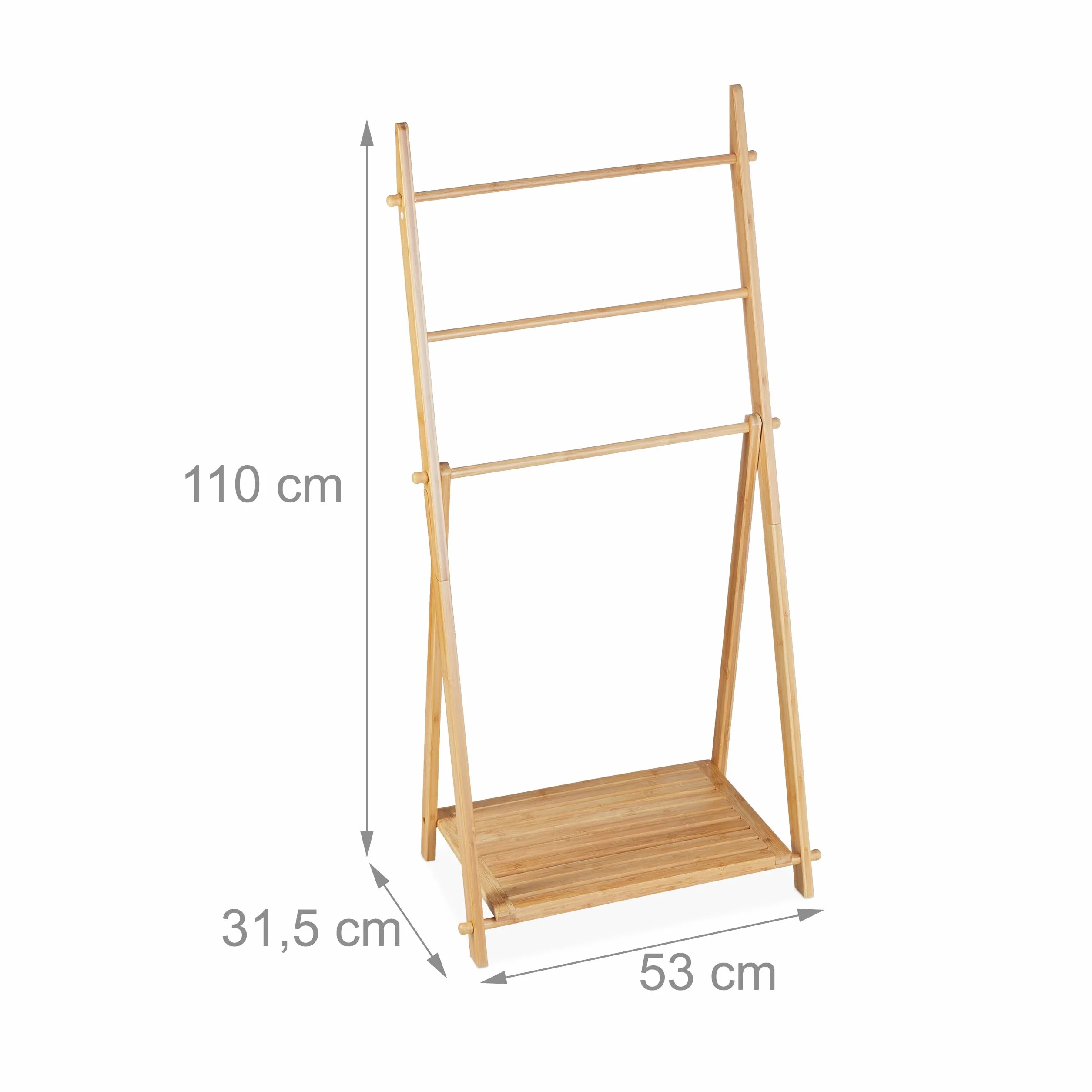 Relaxdays Toallero de Pie Bambú 3 Brazos 110 x 53 x 31,5 cm Plegable Natural